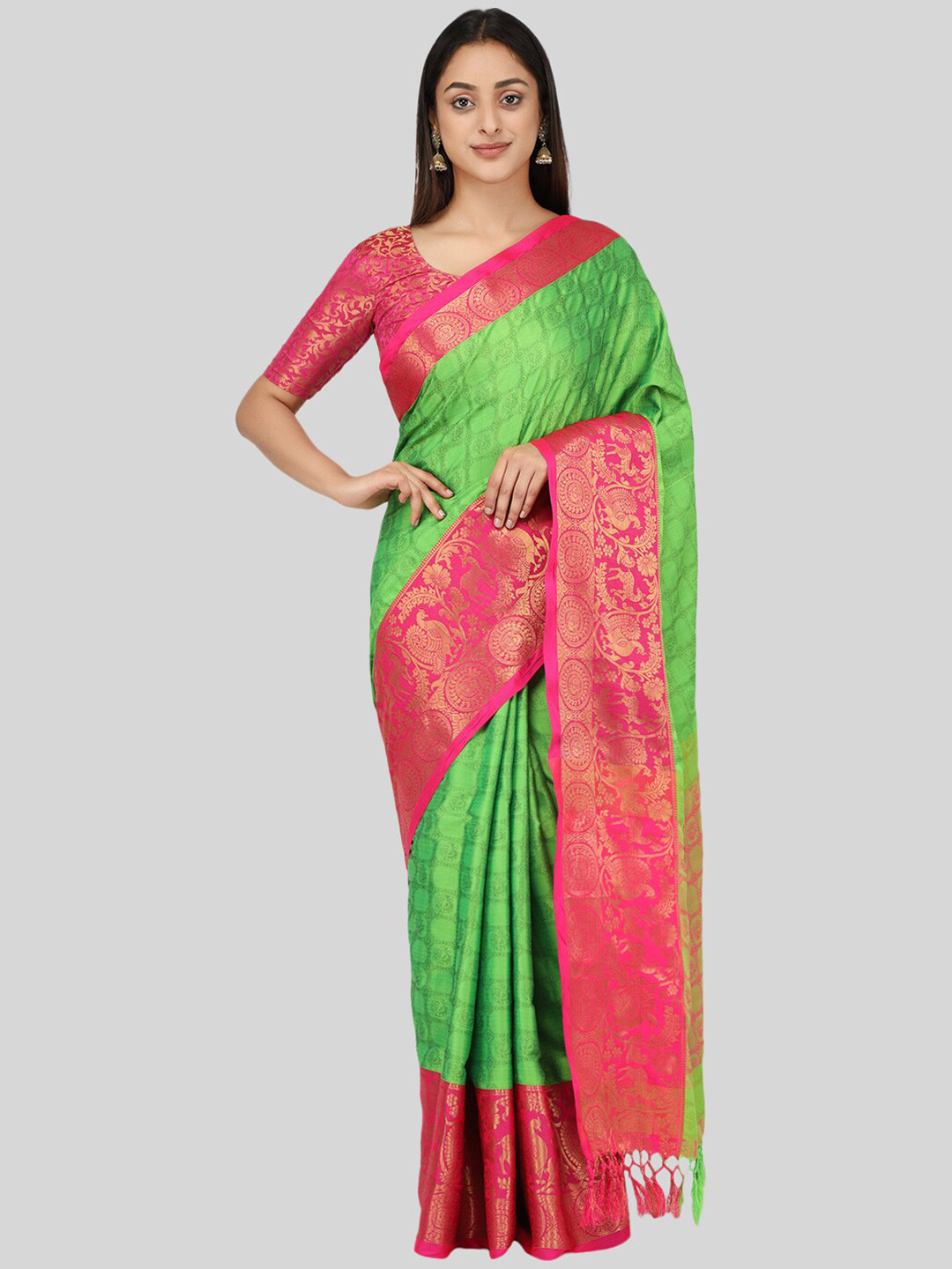 

Mitera Green & Pink Ethnic Motifs Zari Silk Cotton Mysore Silk Saree