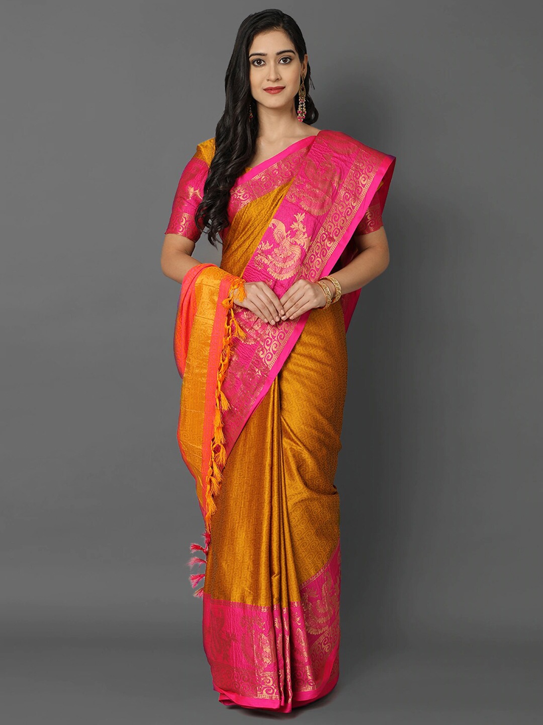 

Mitera Yellow & Gold-Toned Woven Design Zari Silk Cotton Mysore Silk Saree