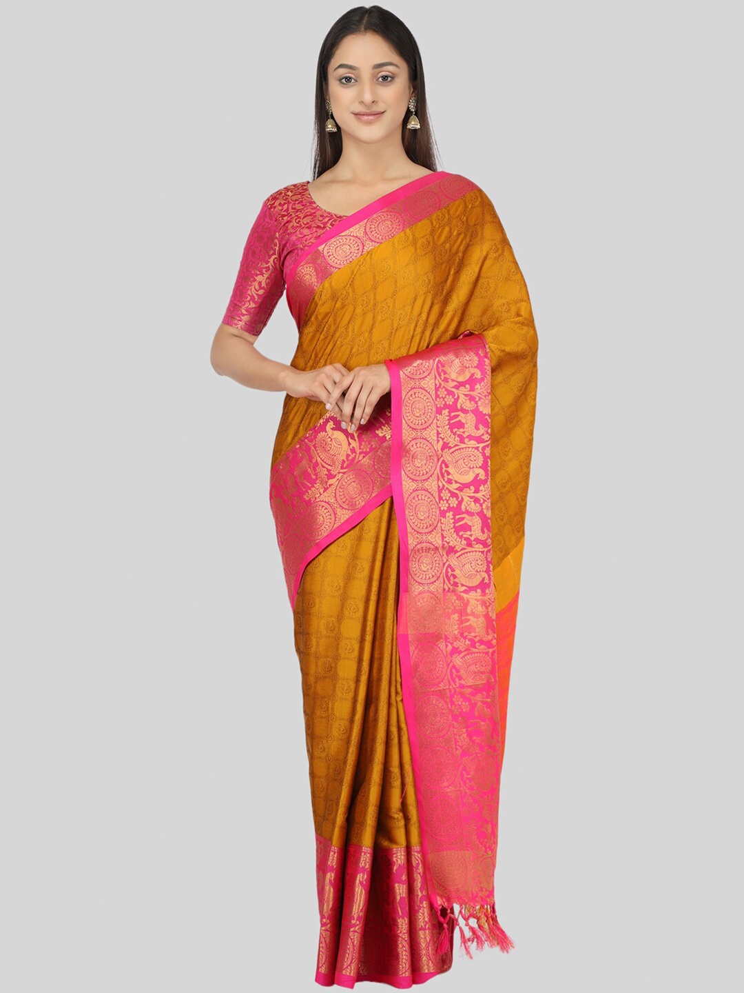 

Mitera Gold-Toned & Magenta Woven Design Zari Silk Cotton Mysore Silk Saree