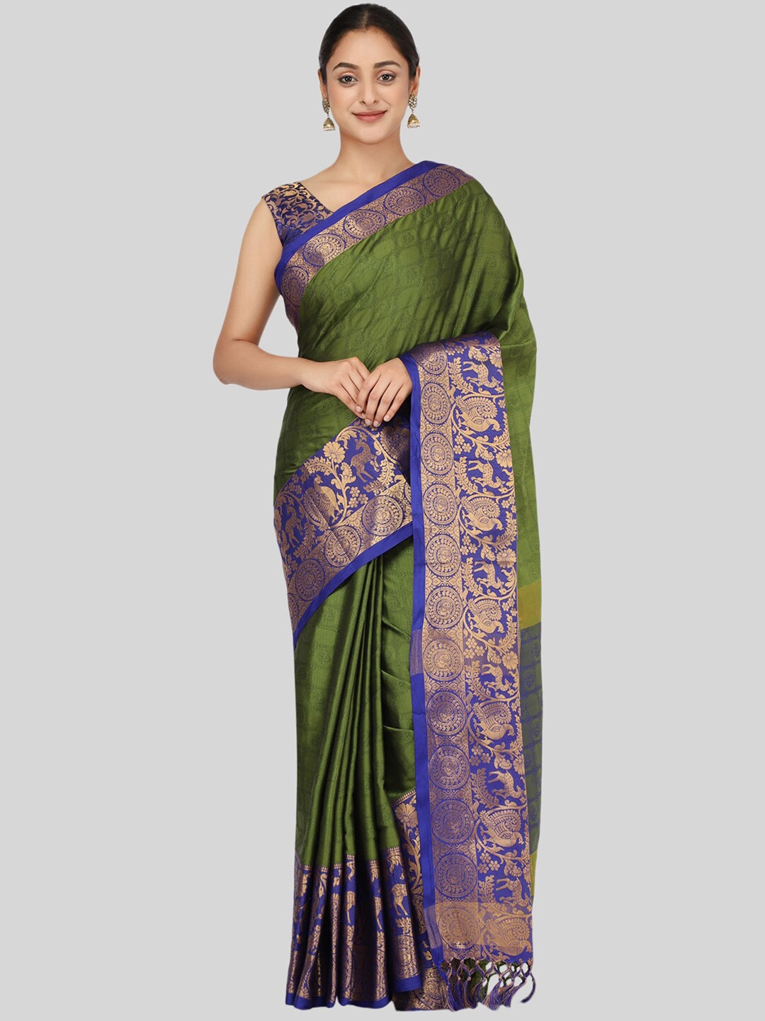 

Mitera Green & Blue Ethnic Motifs Zari Silk Cotton Mysore Silk Saree