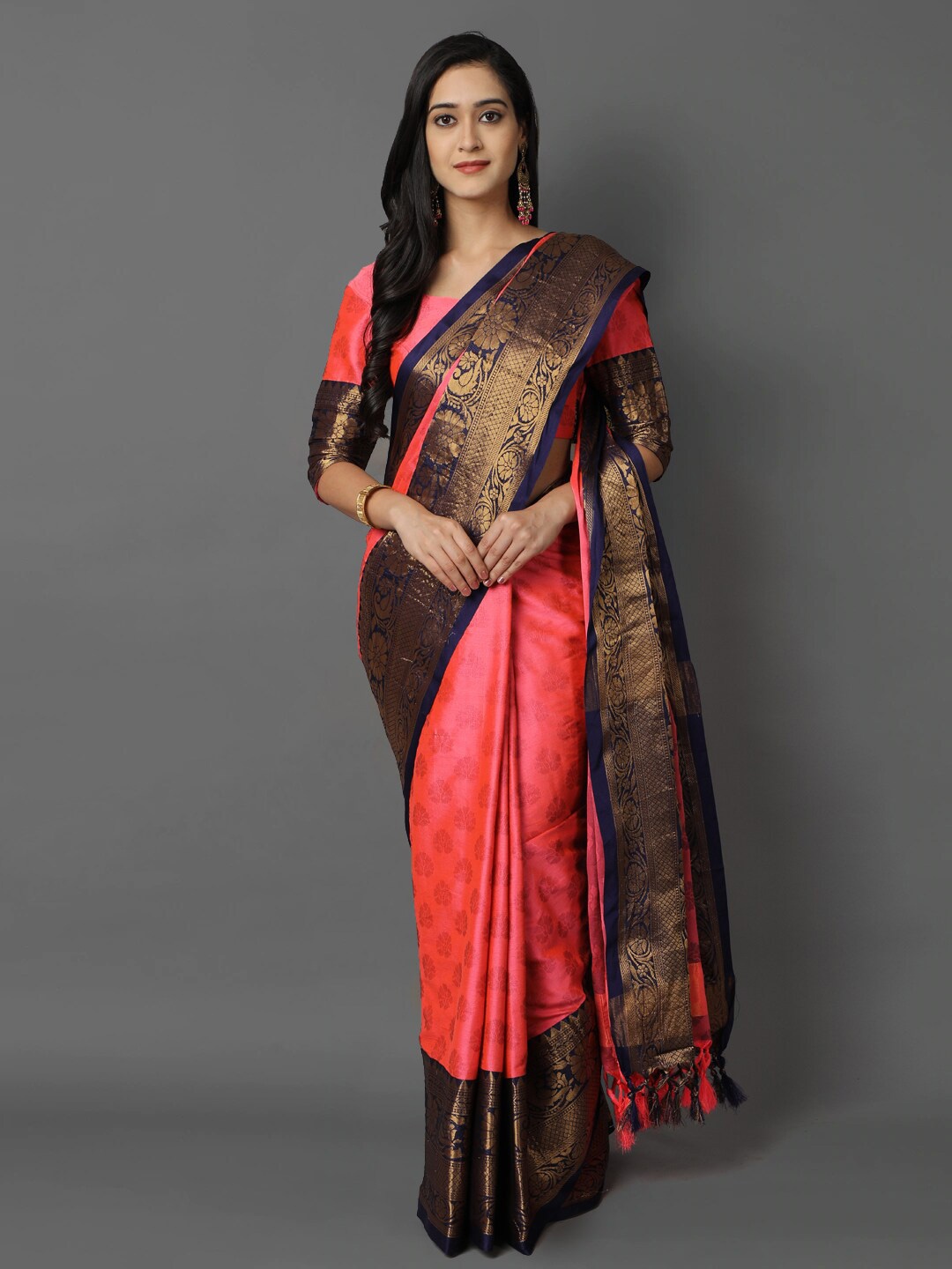 

Mitera Pink & Gold-Toned Woven Design Zari Silk Cotton Mysore Silk Saree