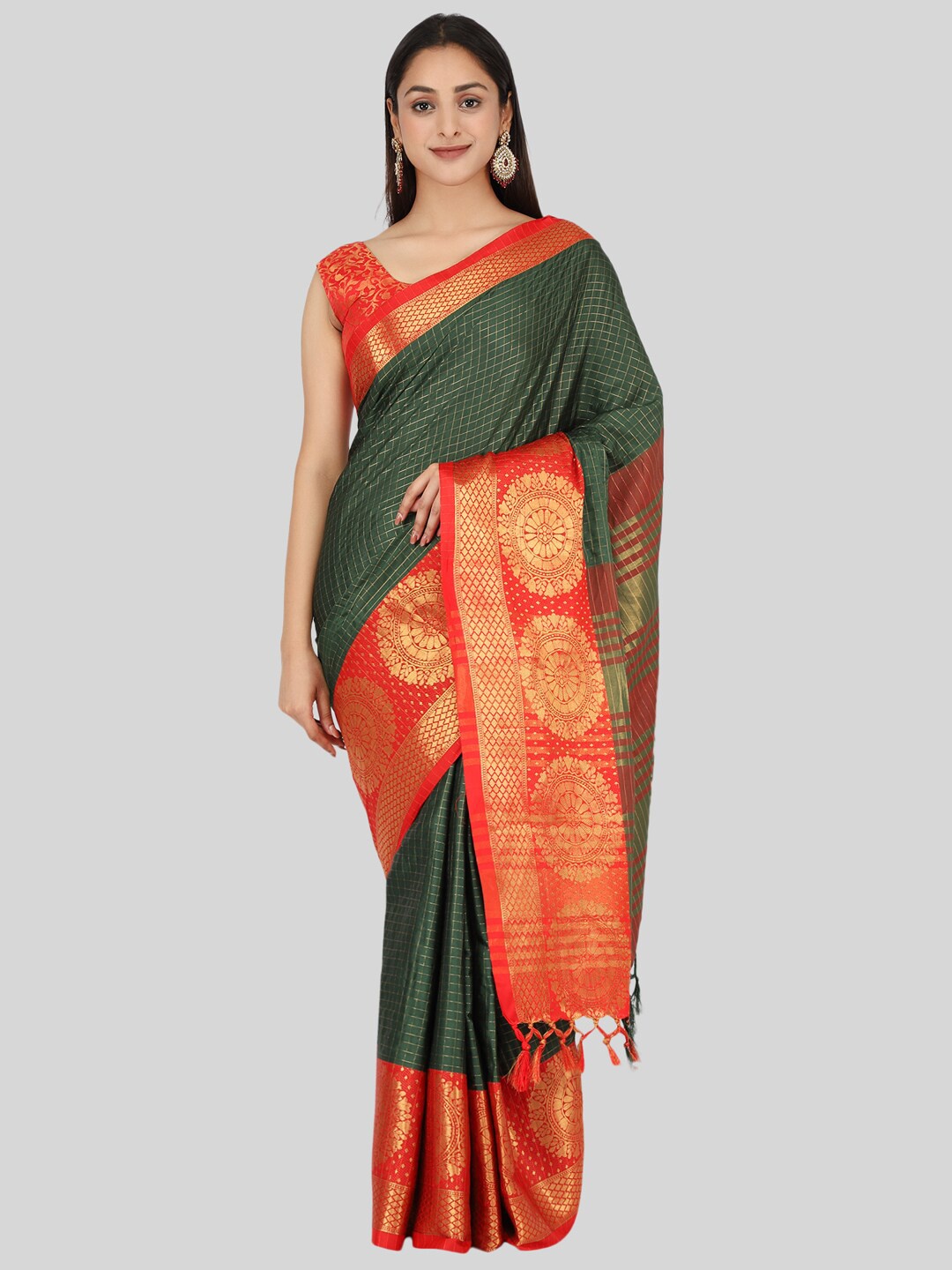 

Mitera Green & Orange Woven Design Zari Silk Cotton Mysore Silk Saree