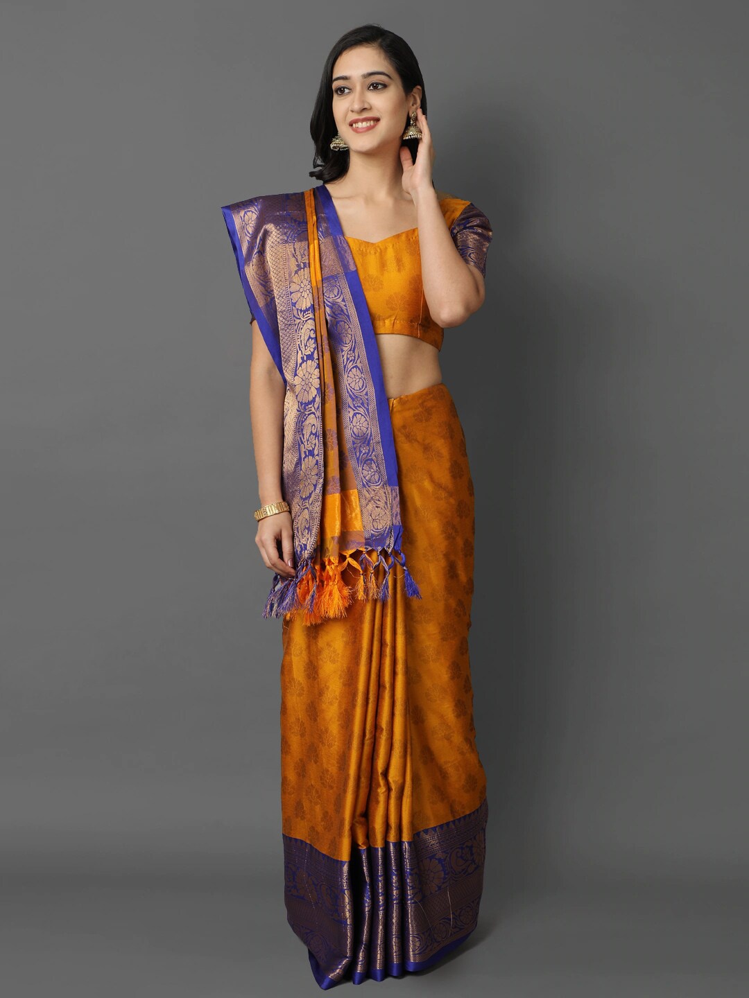 

Mitera Gold-Toned & Blue Floral Zari Silk Cotton Mysore Silk Saree