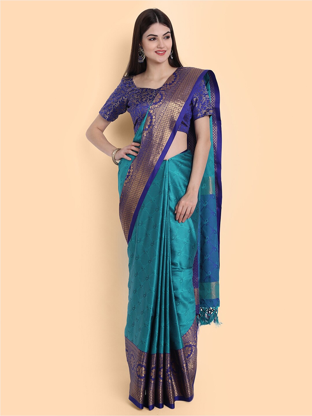 

Mitera Turquoise Blue & Gold-Toned Paisley Zari Silk Cotton Mysore Silk Saree