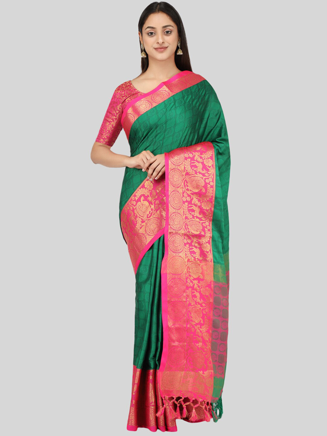 

Mitera Green & Pink Woven Design Zari Silk Cotton Mysore Silk Saree