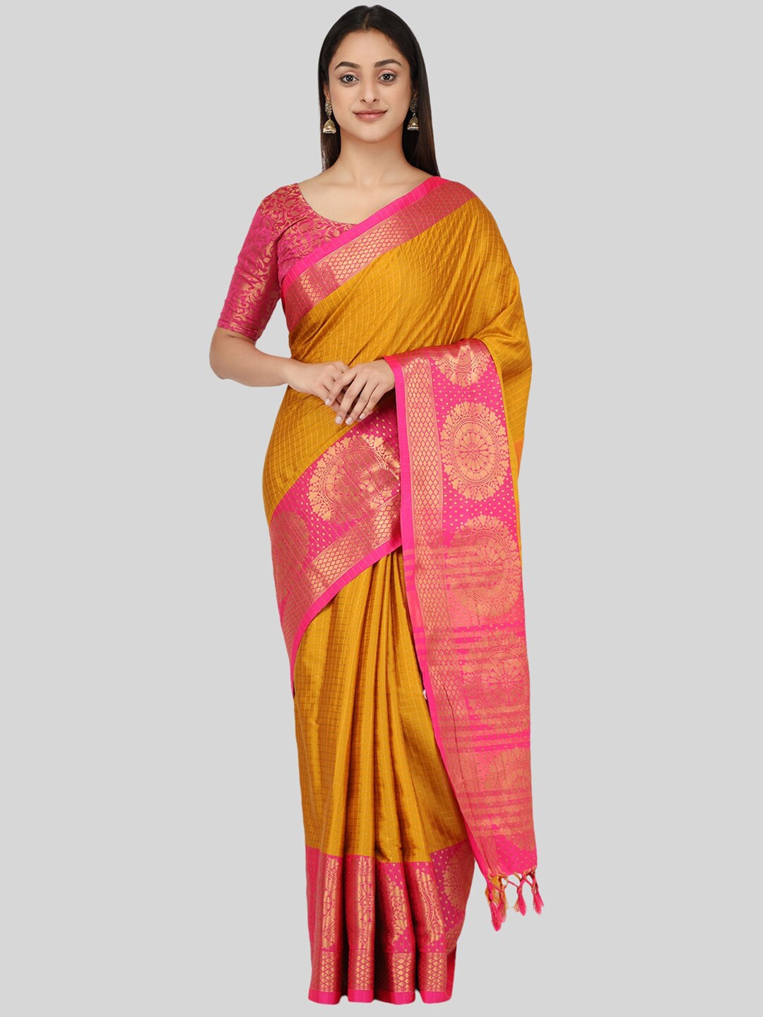 

Mitera Gold-Toned & Pink Woven Design Zari Silk Cotton Mysore Silk Saree