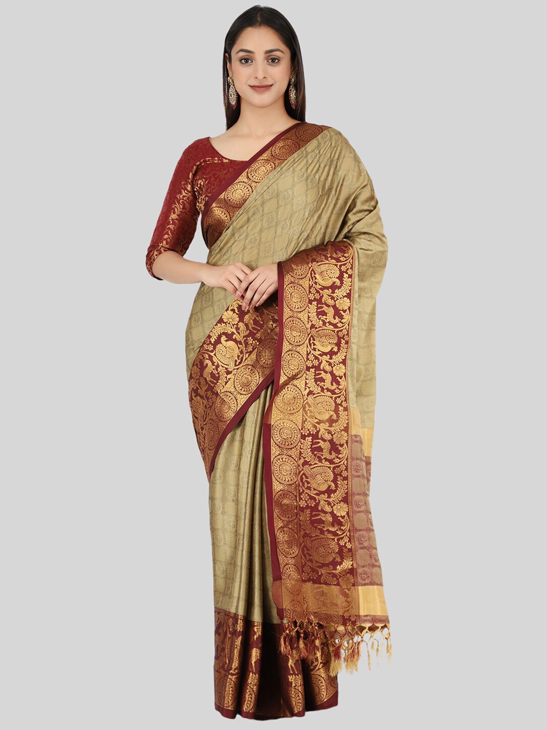 

Mitera Maroon & Beige Woven Design Saree