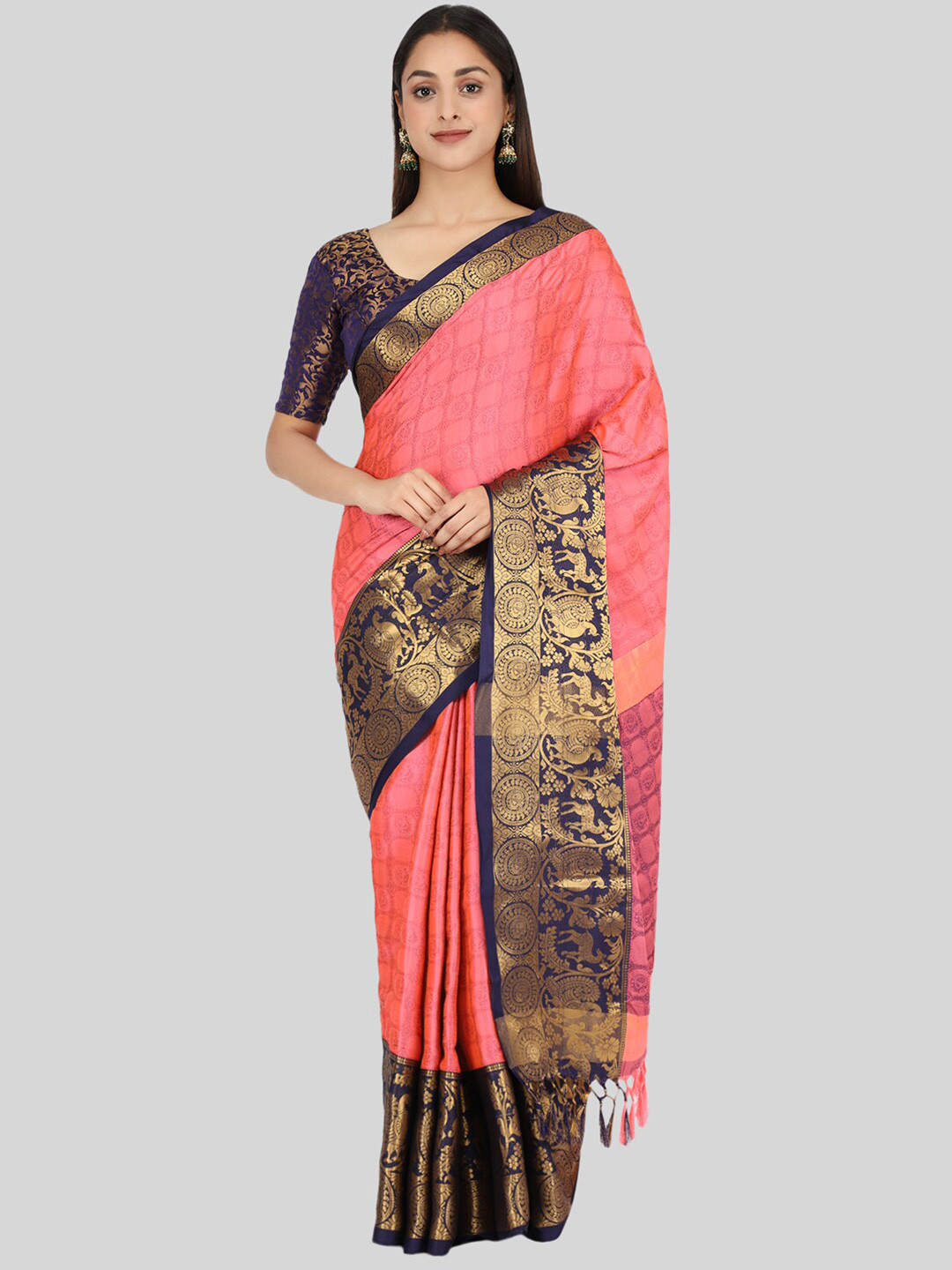 

Mitera Pink & Blue Woven Design Zari Silk Cotton Mysore Silk Saree