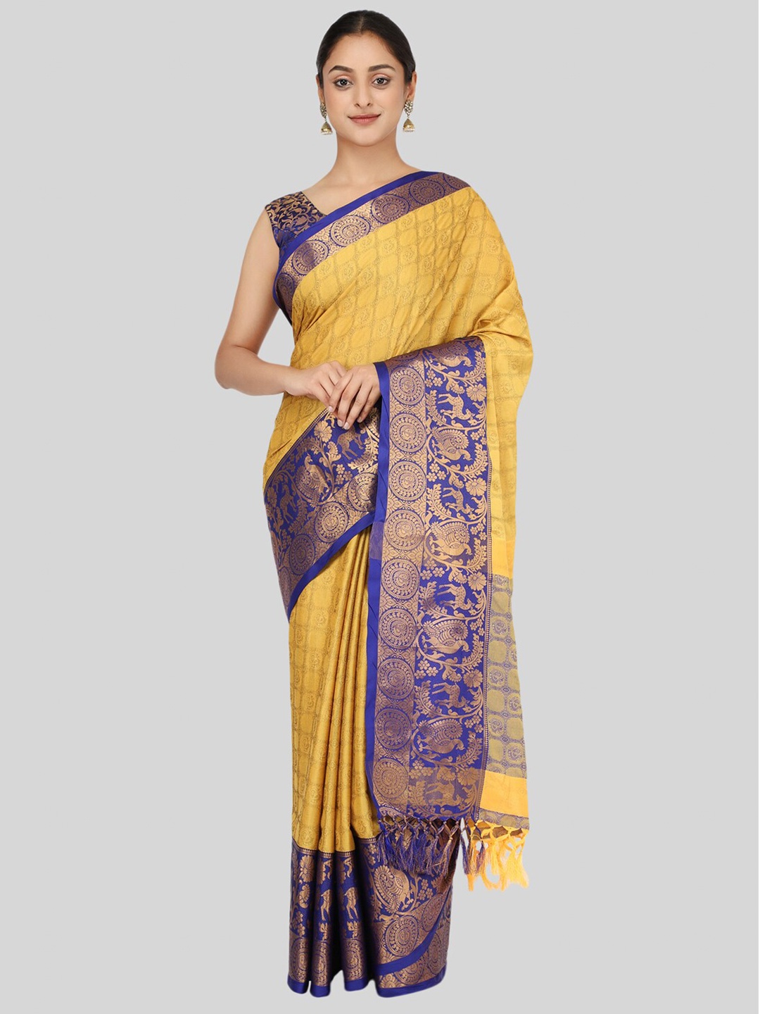 

Mitera Yellow & Blue Ethnic Motifs Zari Silk Cotton Mysore Silk Saree