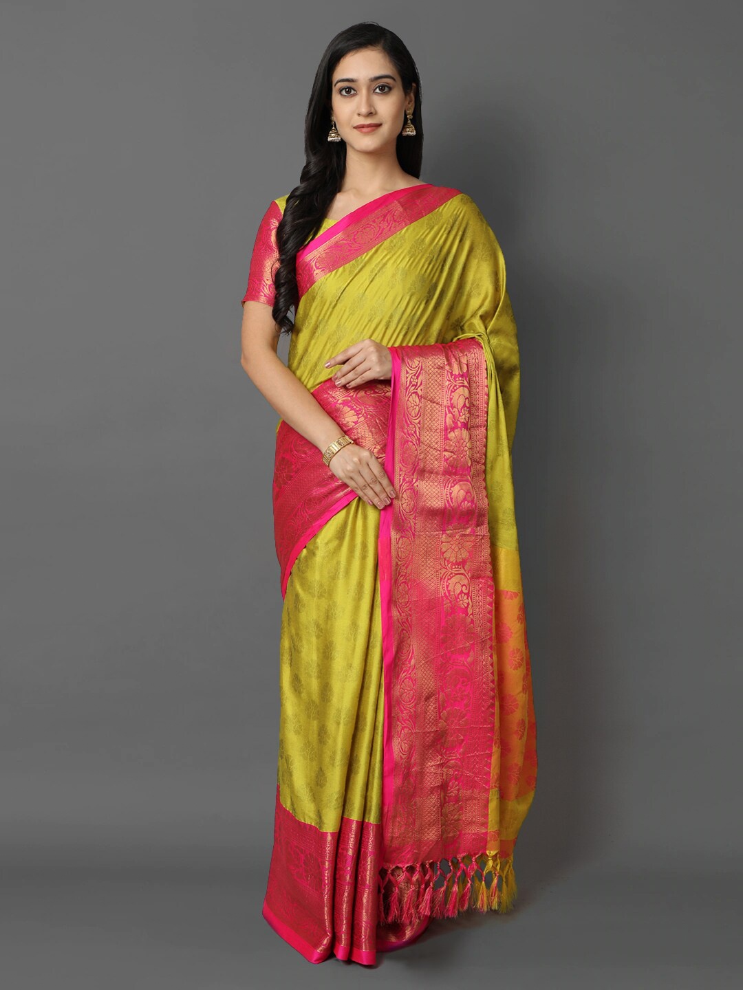 

Mitera Yellow & Magenta Woven Design Zari Silk Cotton Mysore Silk Saree