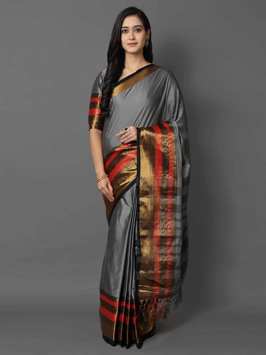 

Mitera Grey & Red Woven Design Saree