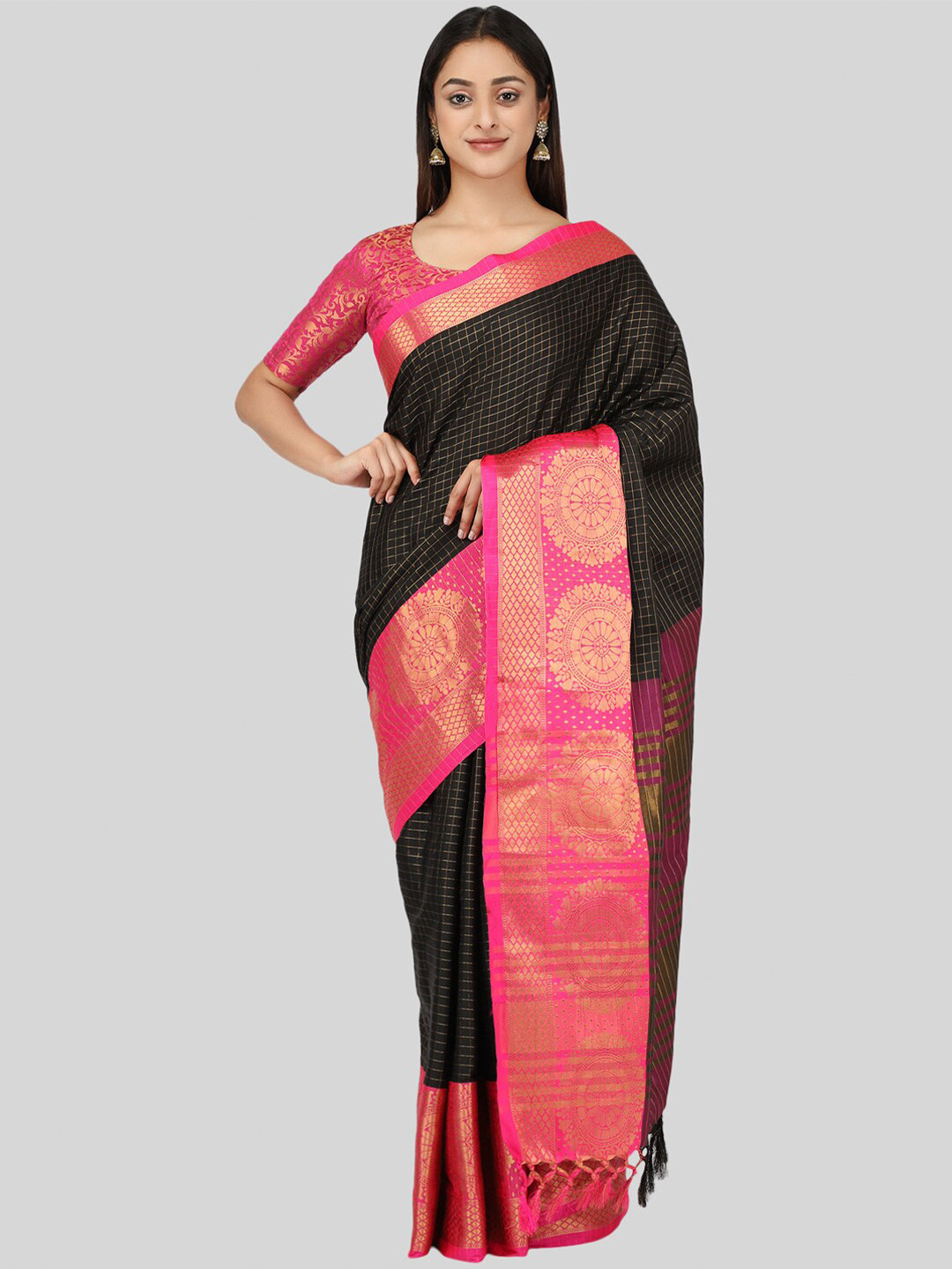 

Mitera Black & Fuchsia Checked Zari Silk Cotton Mysore Silk Saree