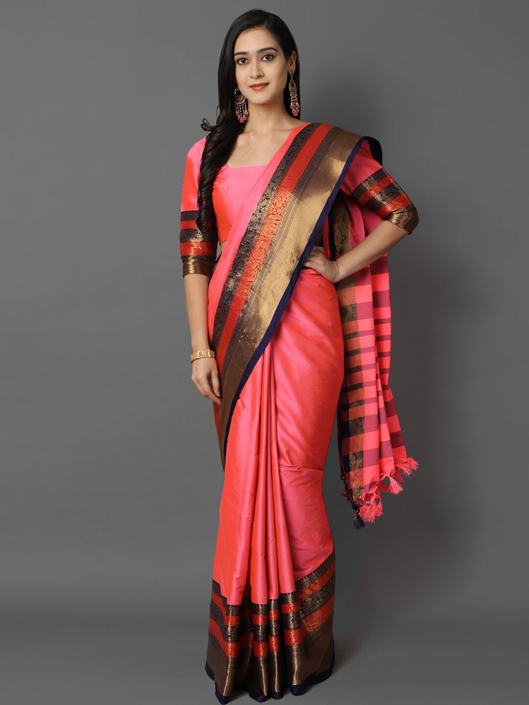 

Mitera Pink & Navy Blue Woven Design Zari Silk Cotton Mysore Silk Saree
