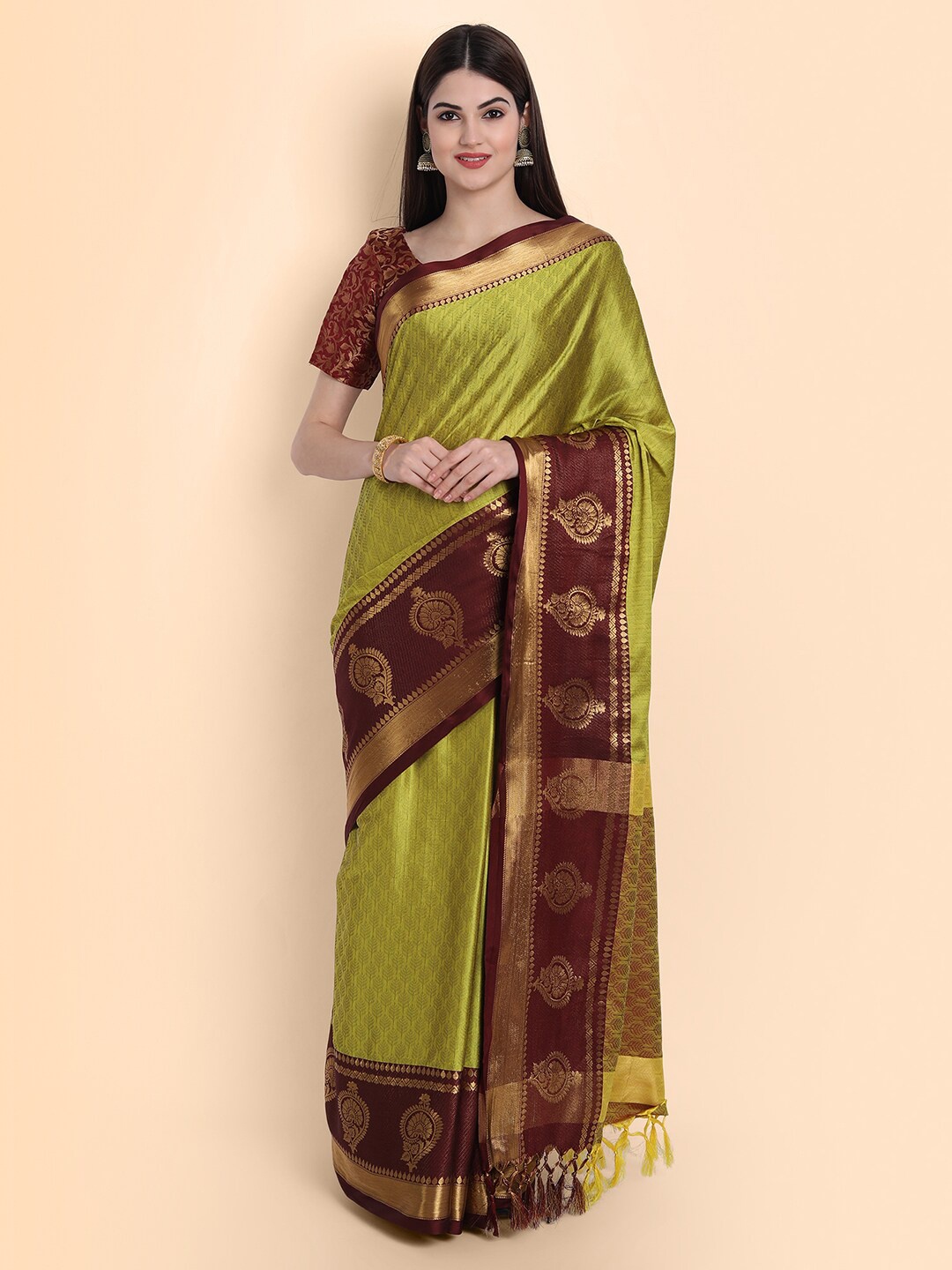 

Mitera Lime Green & Maroon Woven Design Zari Silk Cotton Mysore Silk Saree