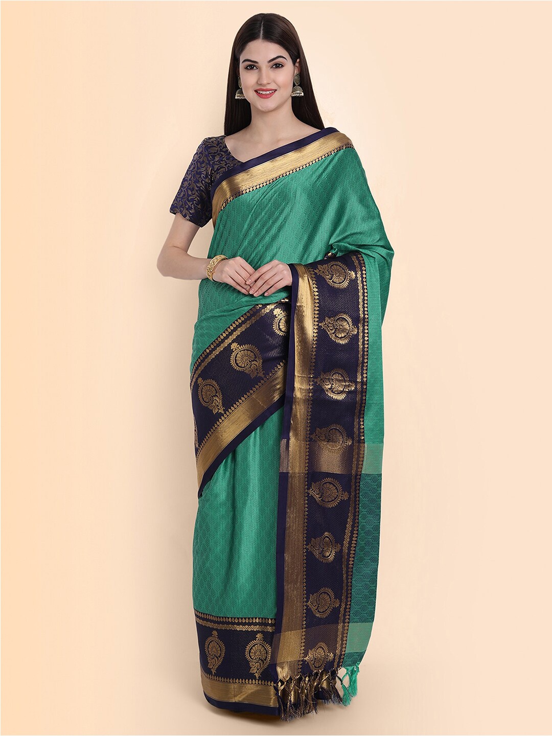 

Mitera Sea Green & Gold-Toned Woven Design Zari Silk Cotton Mysore Silk Saree