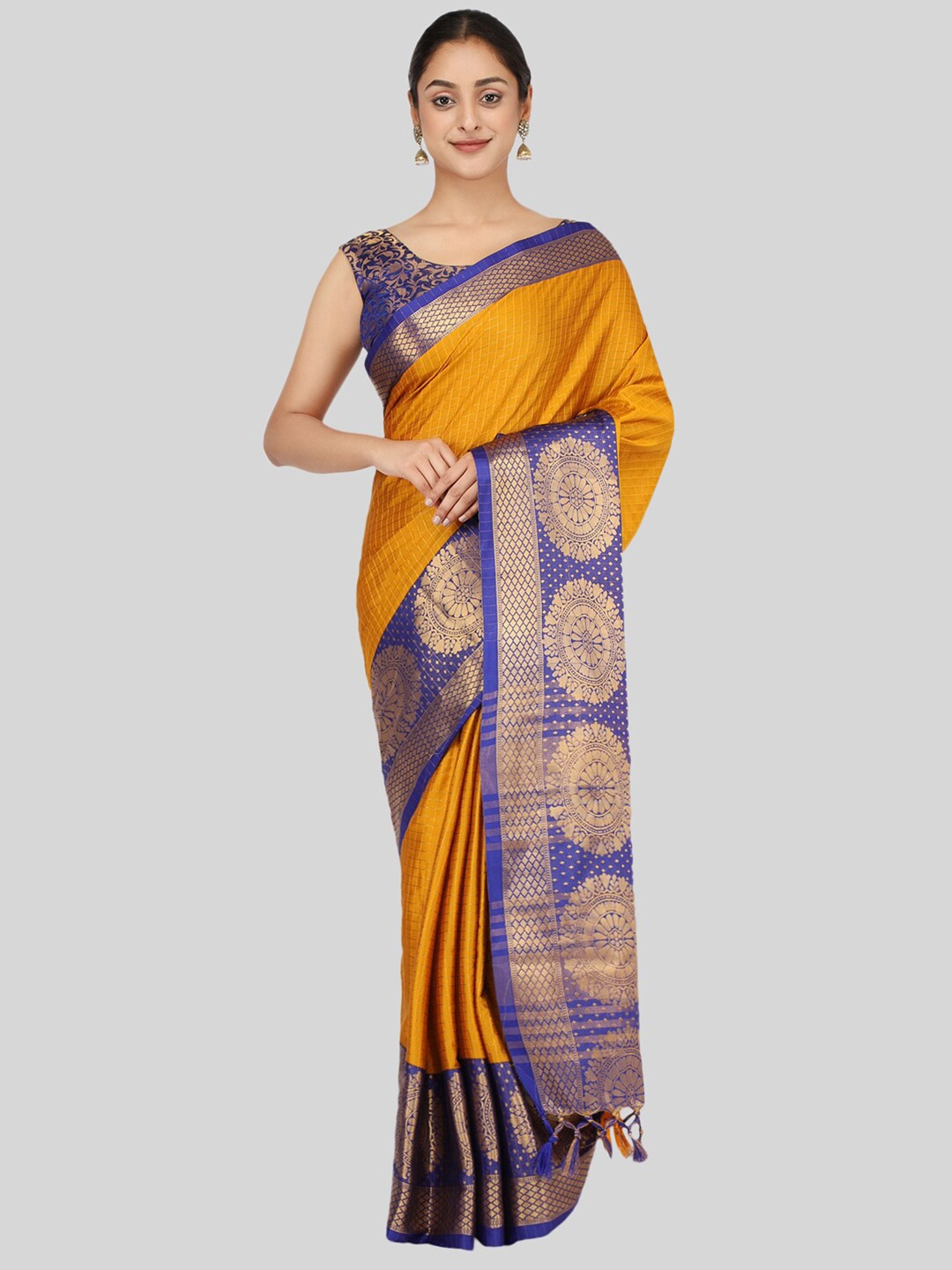 

Mitera Yellow & Blue Checked Zari Silk Cotton Mysore Silk Saree