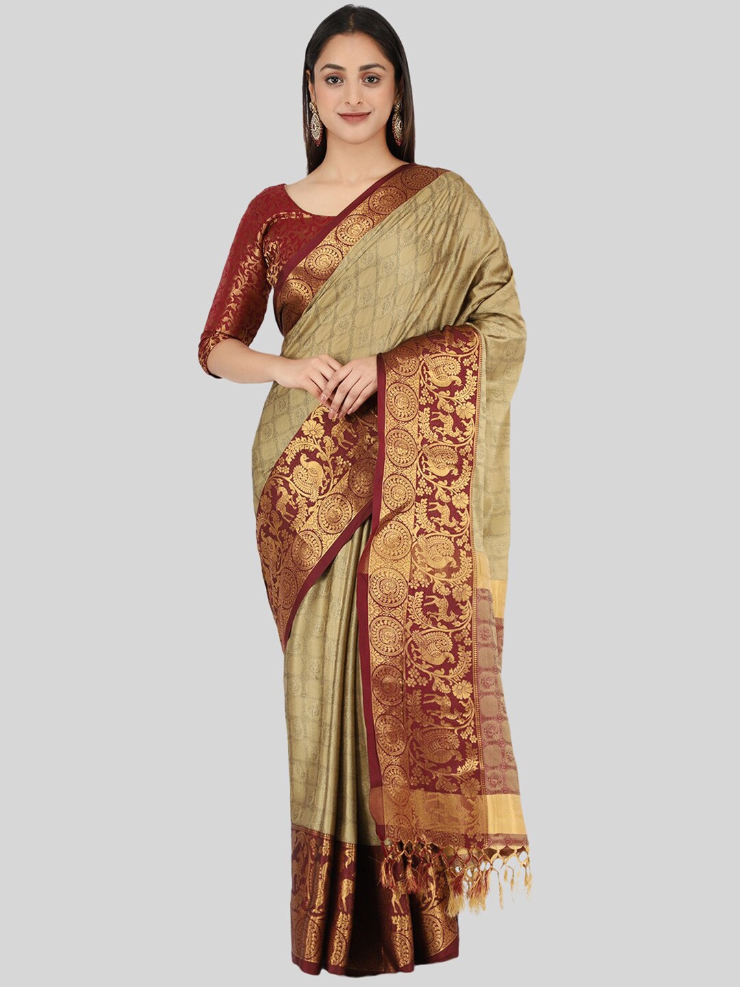

Mitera Beige & Maroon Woven Design Zari Silk Cotton Mysore Silk Saree