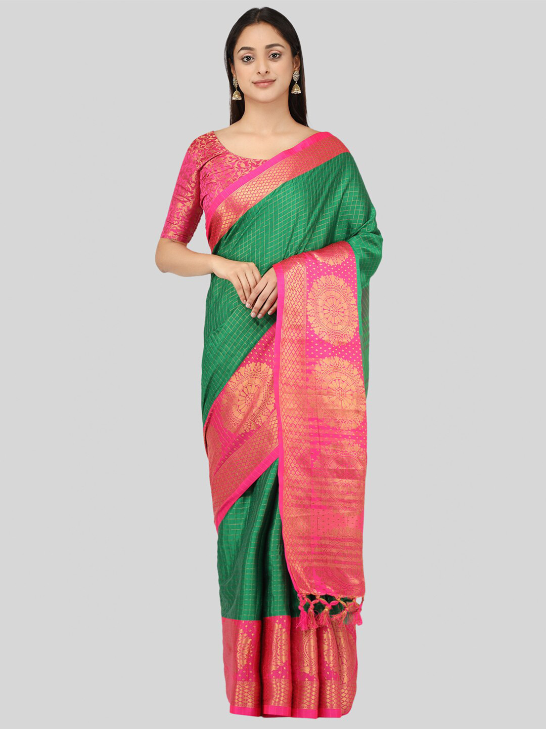 

Mitera Green & Pink Ethnic Motifs Zari Silk Cotton Mysore Silk Saree