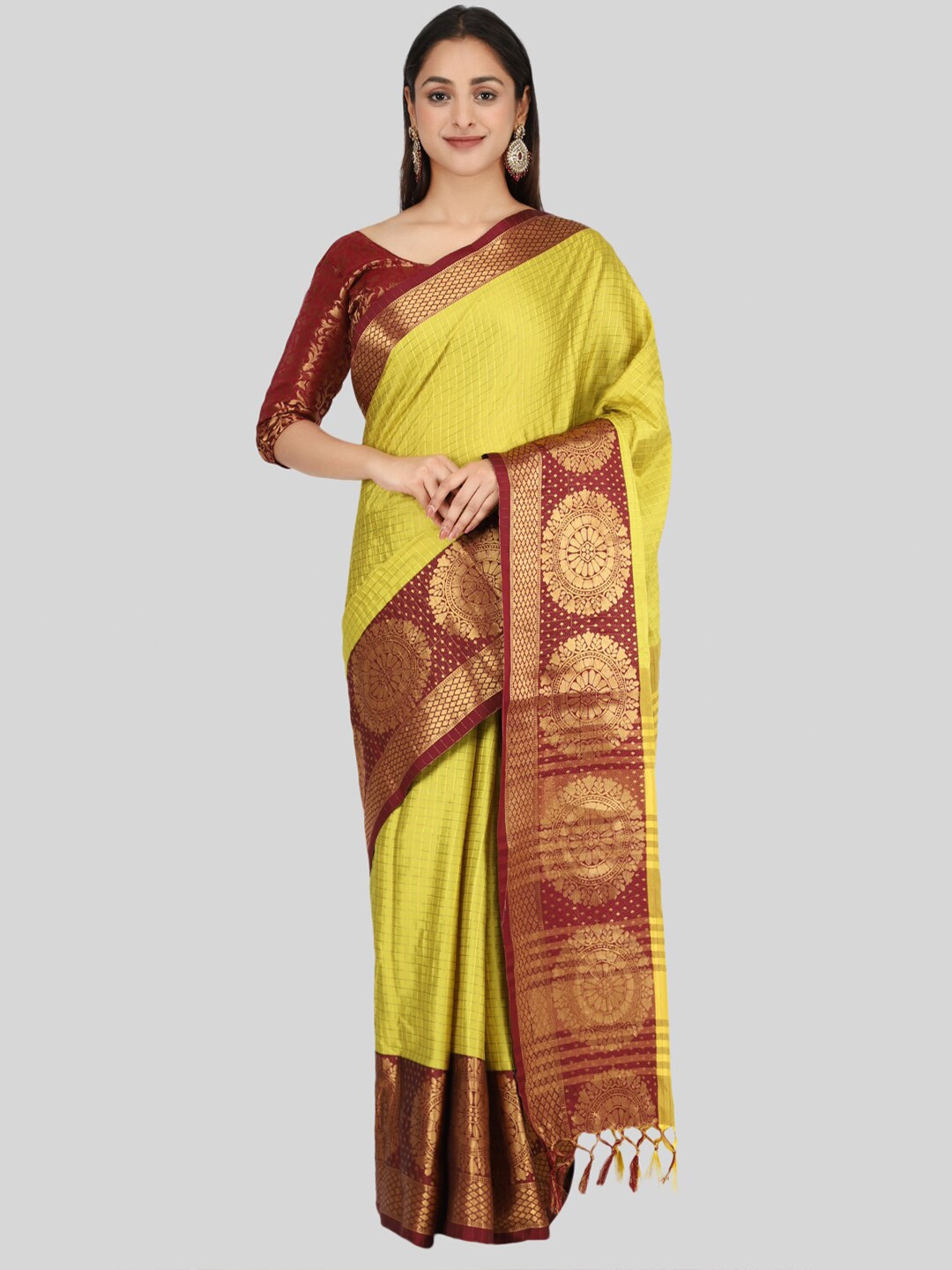 

Mitera Lime Green & Maroon Woven Design Zari Silk Cotton Mysore Silk Saree