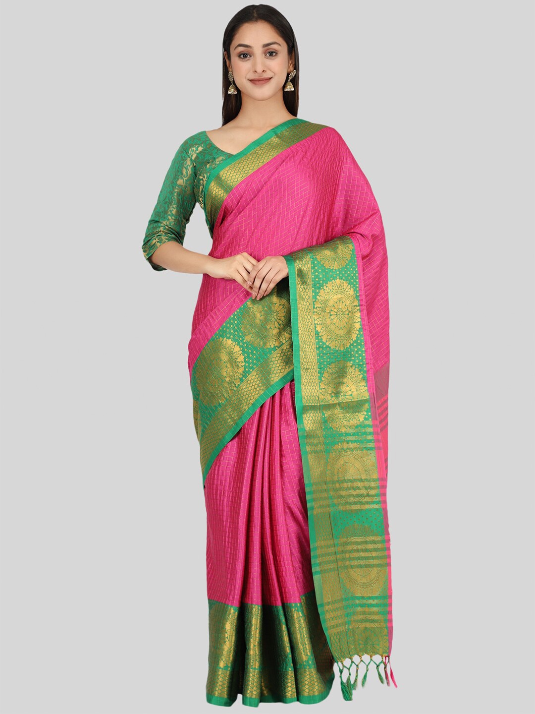 

Mitera Pink & Gold-Toned Woven Design Zari Silk Cotton Mysore Silk Saree