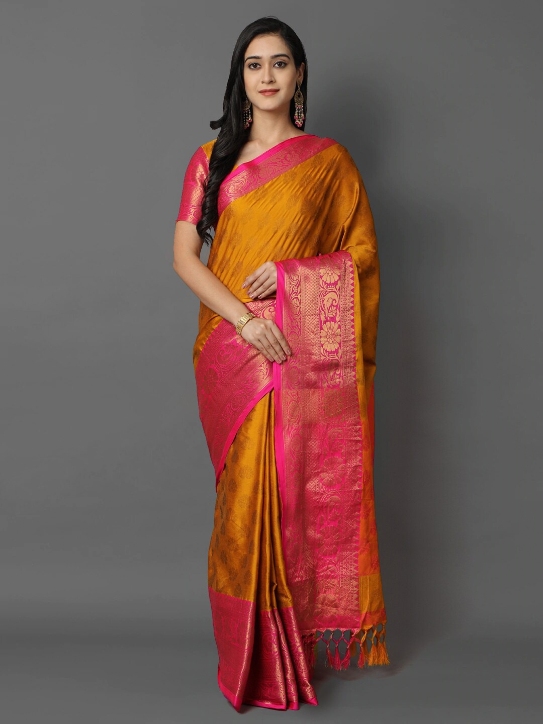

Mitera Yellow & Pink Ethnic Motifs Zari Silk Cotton Mysore Silk Saree