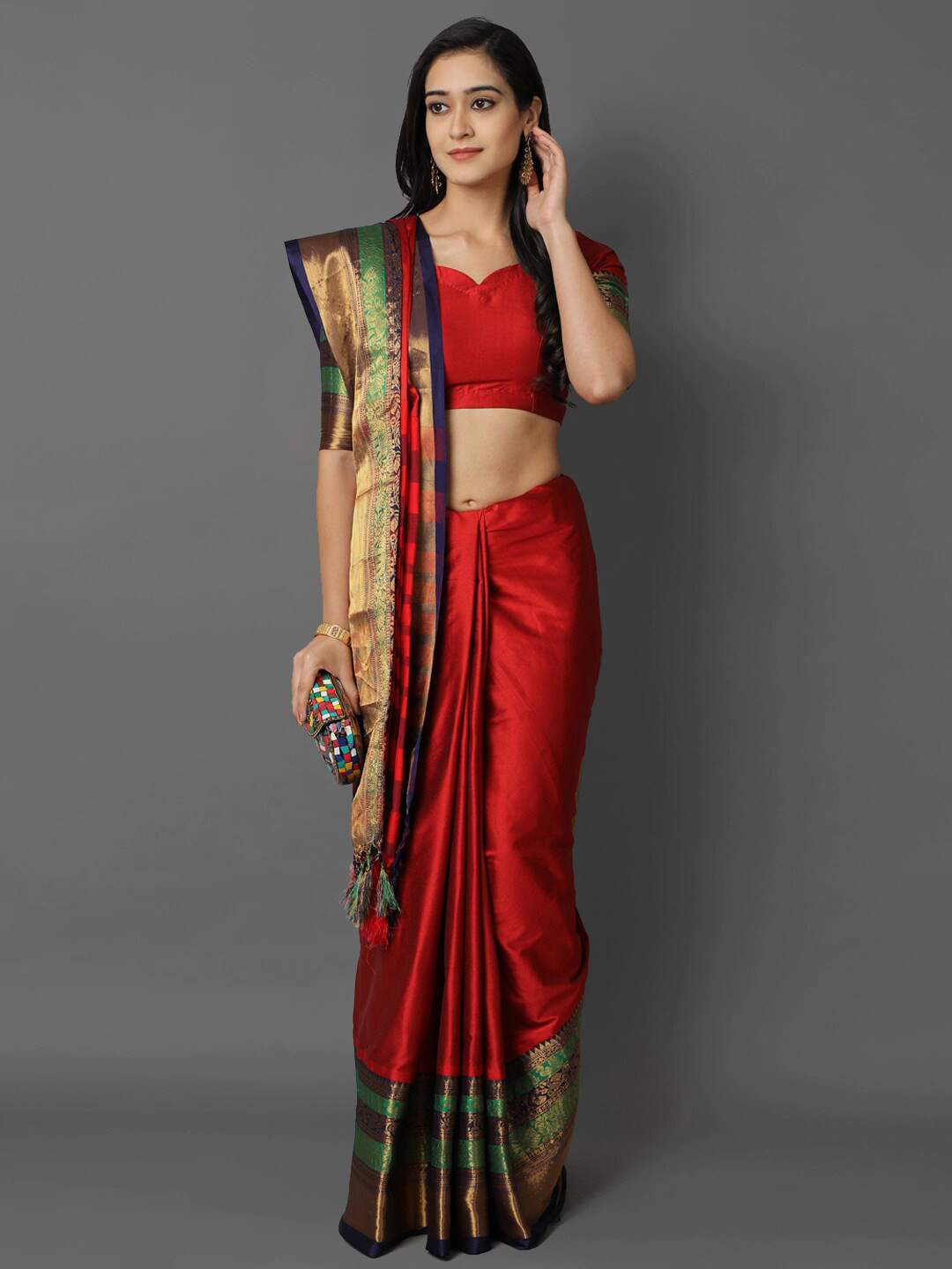 

Mitera Red & Green Woven Design Zari Silk Cotton Mysore Silk Saree