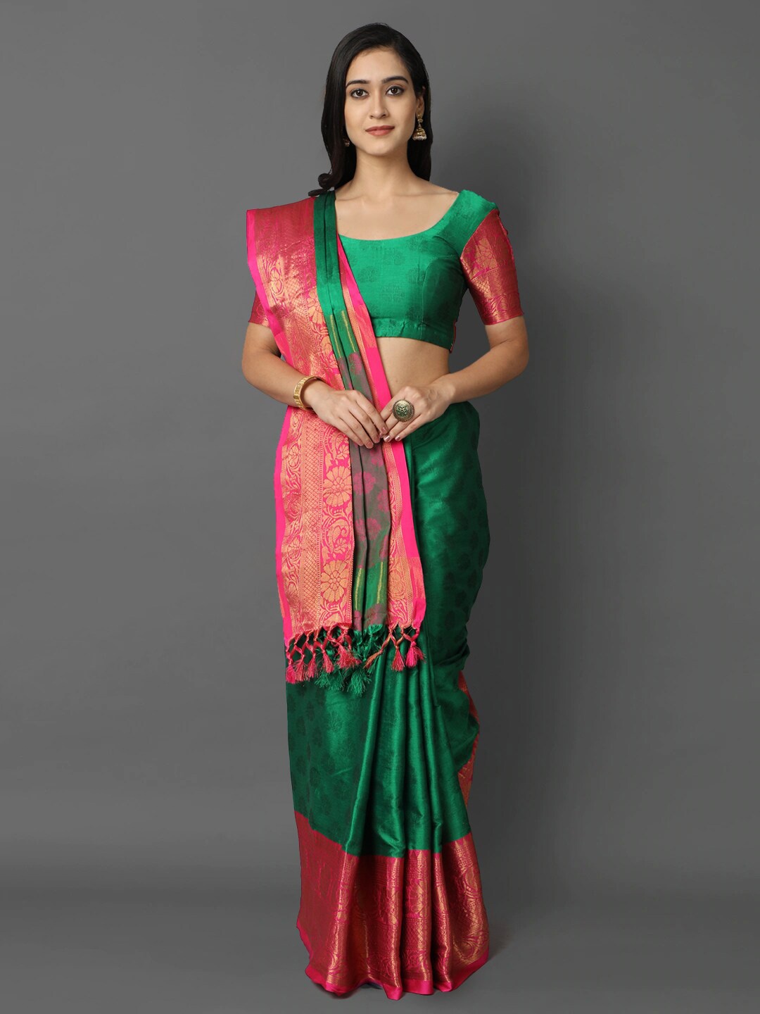 

Mitera Green & Magenta Ethnic Motifs Zari Silk Cotton Mysore Silk Saree