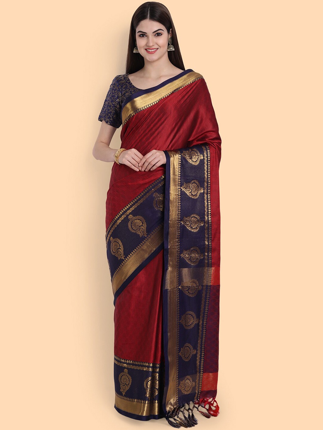 

Mitera Red & Blue Woven Design Zari Silk Cotton Mysore Silk Saree