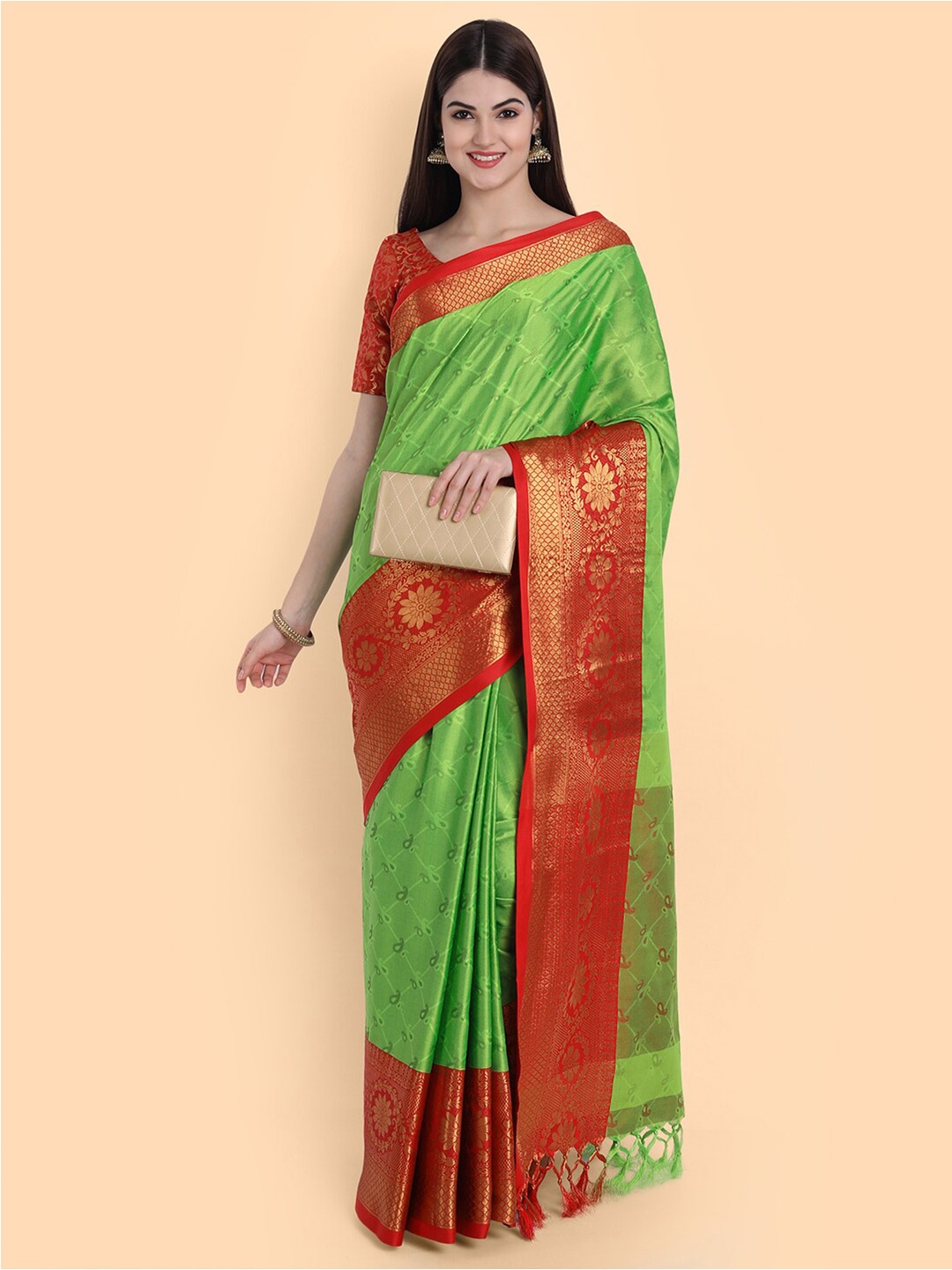 

Mitera Green & Red Paisley Zari Silk Cotton Mysore Silk Saree