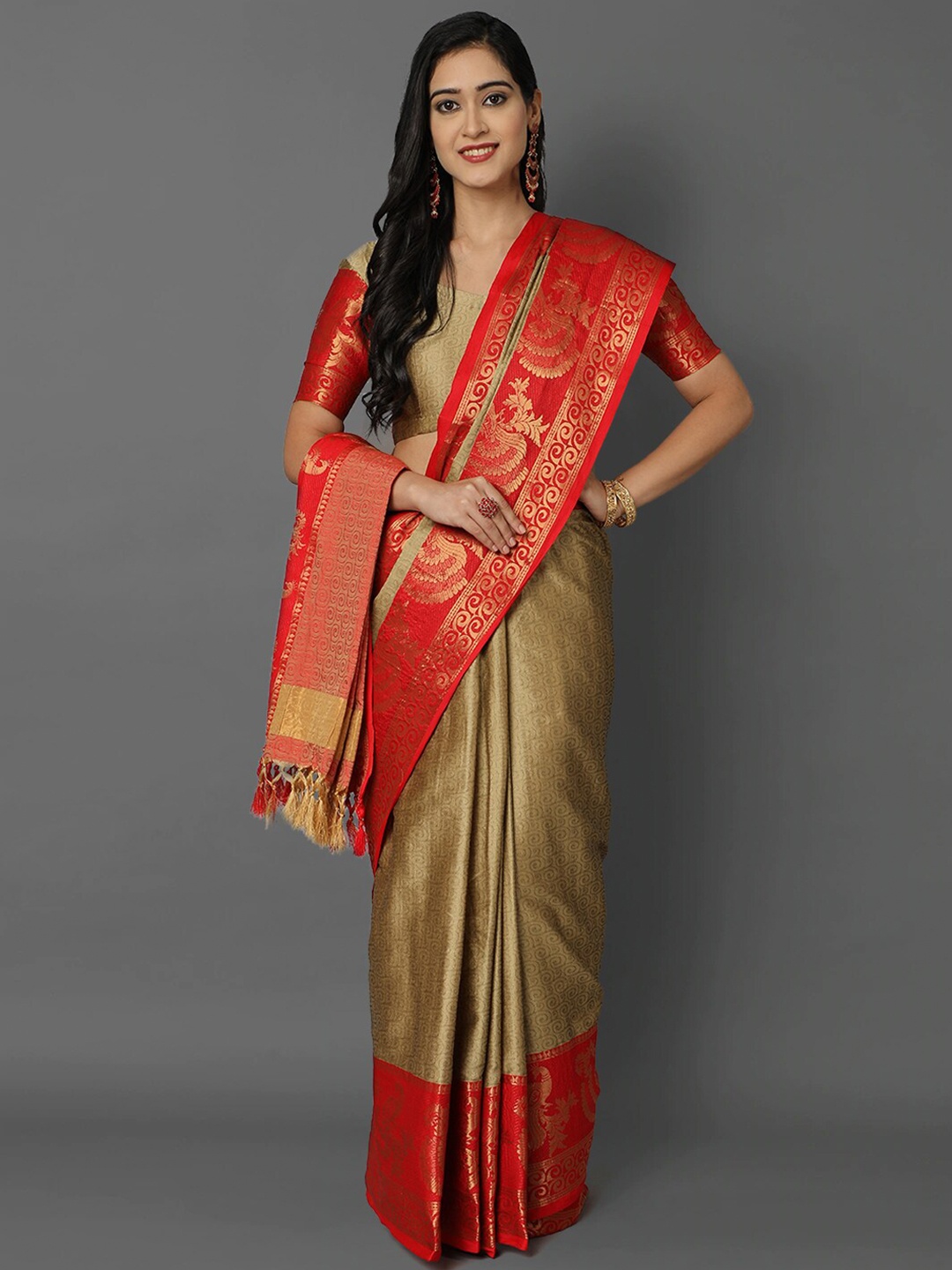 

Mitera Beige & Gold-Toned Woven Design Zari Silk Cotton Mysore Silk Saree