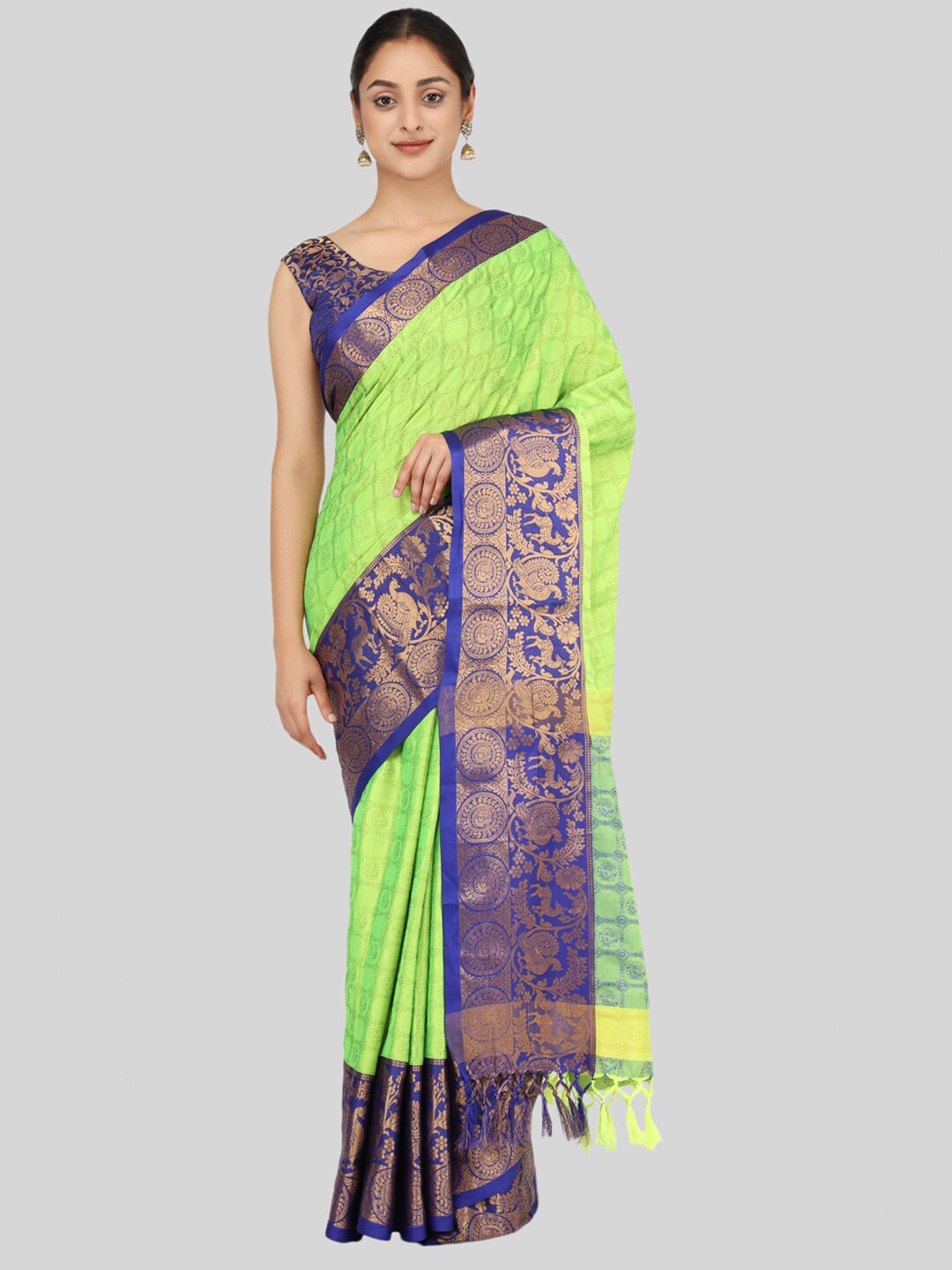 

Mitera Green & Blue Woven Design Zari Silk Cotton Mysore Silk Saree