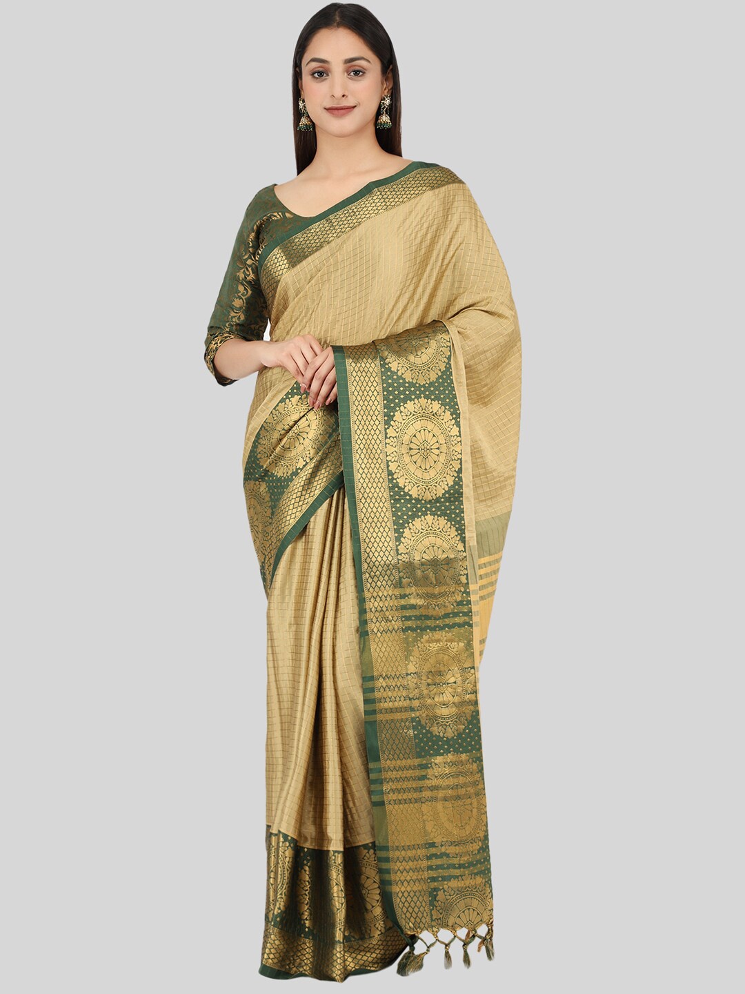 

Mitera Beige & Green Checked Zari Silk Cotton Mysore Silk Saree
