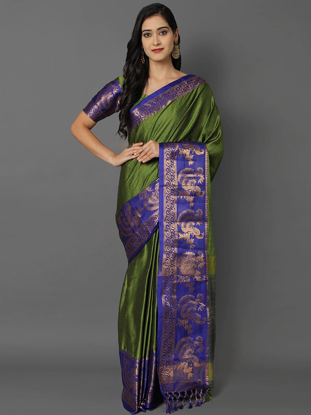 

Mitera Green & Blue Ethnic Motifs Zari Silk Cotton Mysore Silk Saree