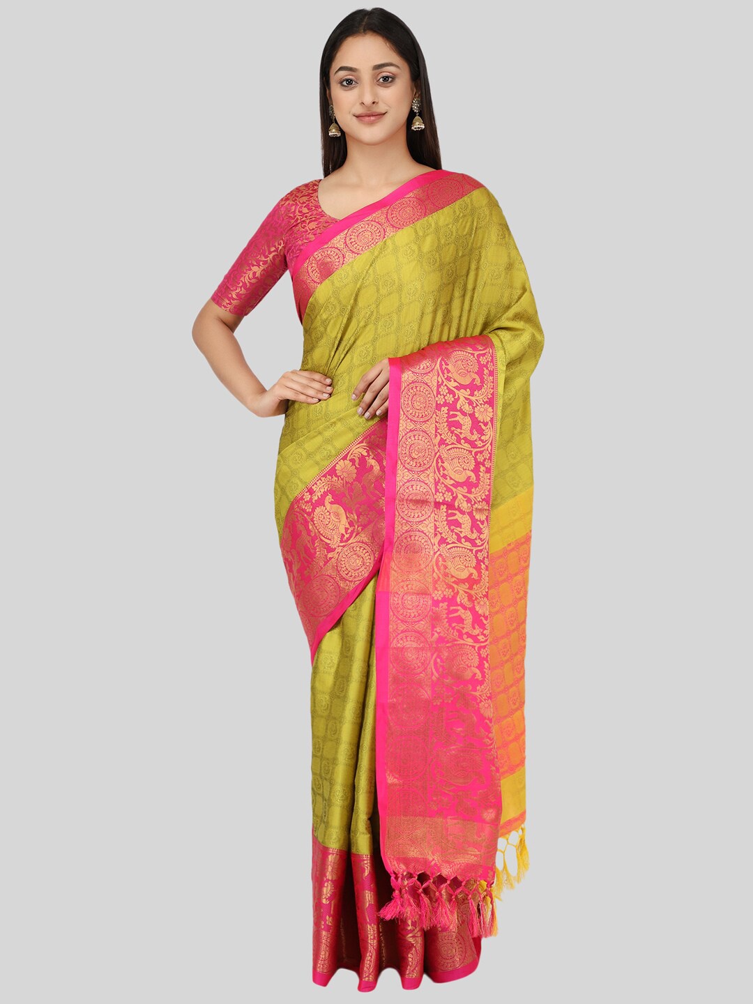 

Mitera Fluorescent Green & Gold-Toned Ethnic Motifs Zari Silk Cotton Mysore Silk Saree