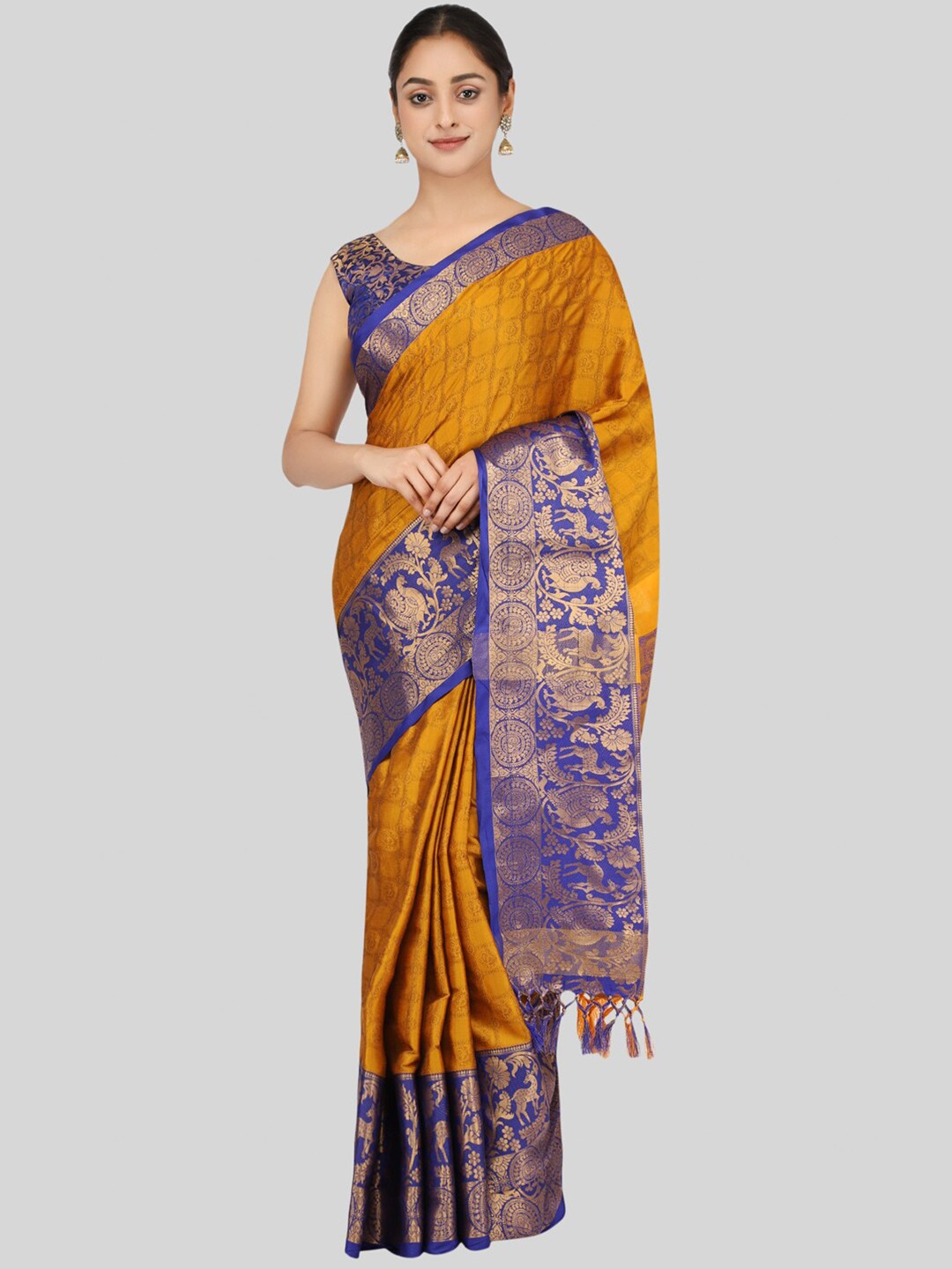 

Mitera Gold-Toned & Blue Woven Design Saree