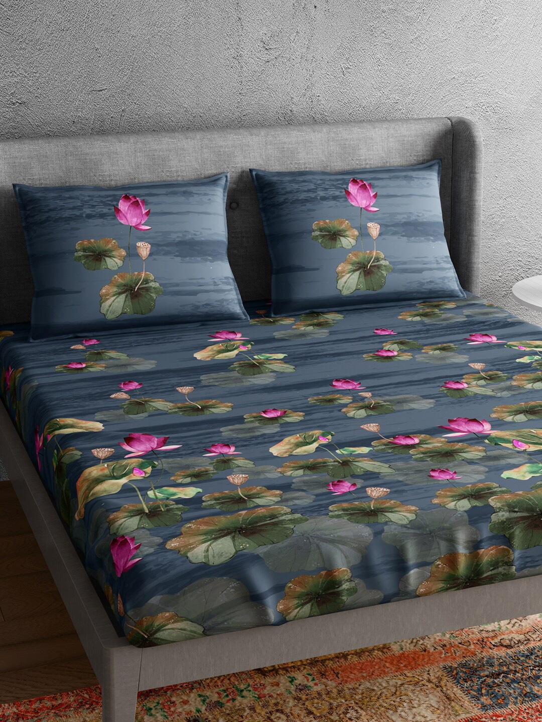 

PETAL HOME Blue & Pink Floral 300 TC Queen Bedsheet with 2 Pillow Covers