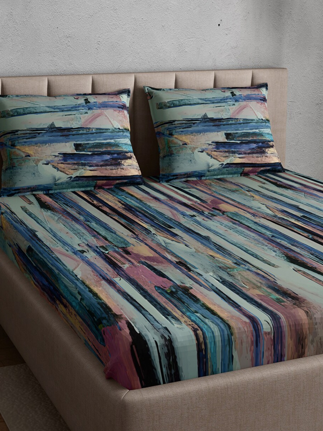 

PETAL HOME Blue & Grey Aquarelle 300 TC Queen Bedsheet with 2 Pillow Covers