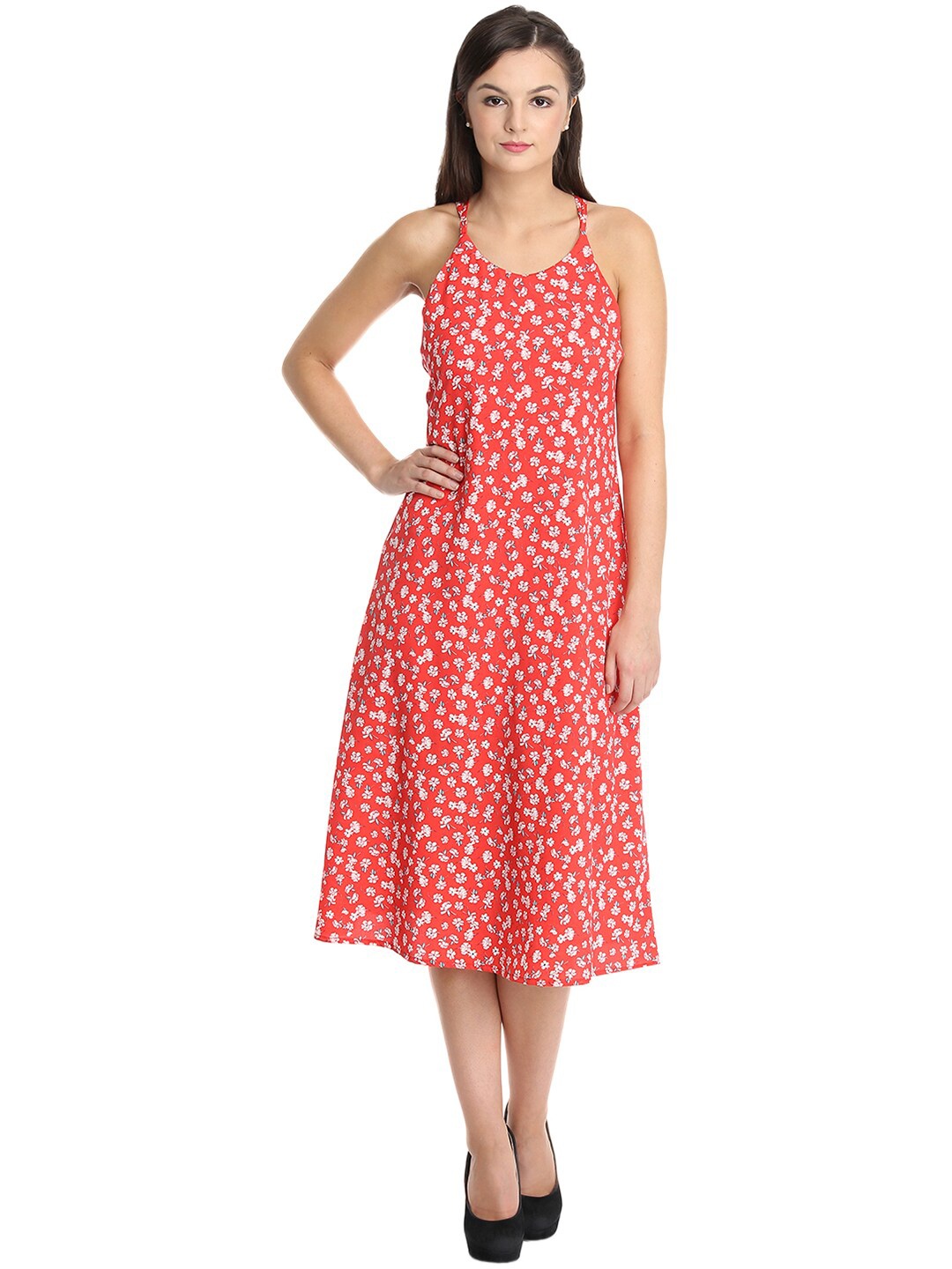 

DODO & MOA Red Floral Halter Neck Crepe A-Line Midi Dress