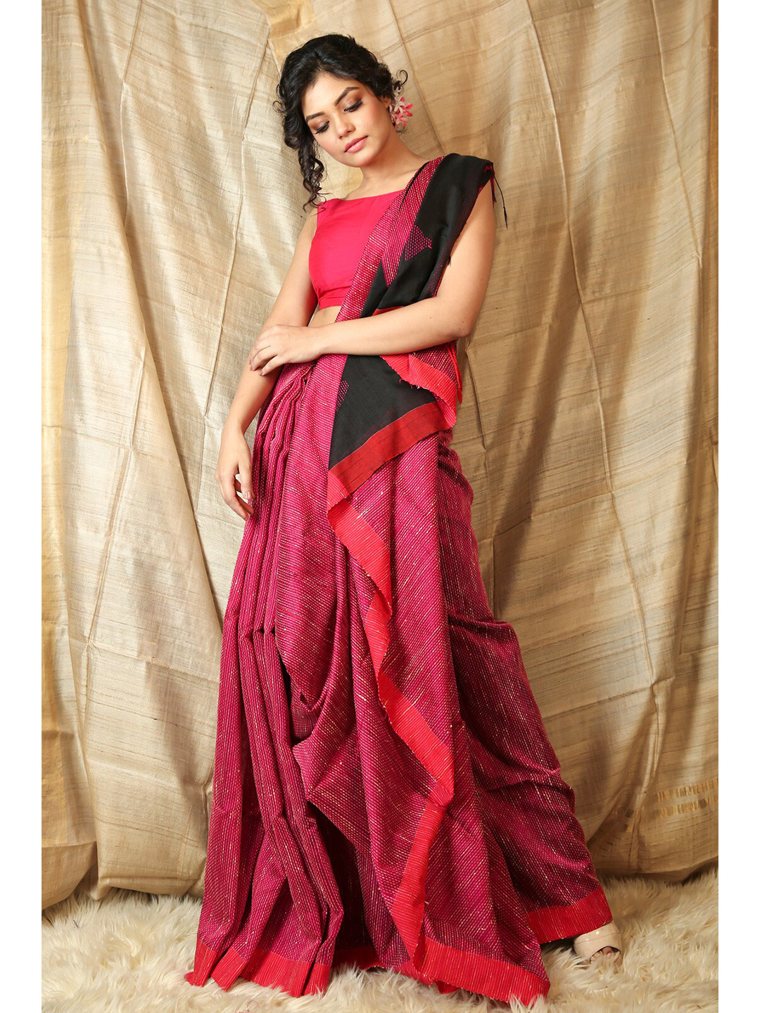 

Charukriti Pink & Black Striped Saree