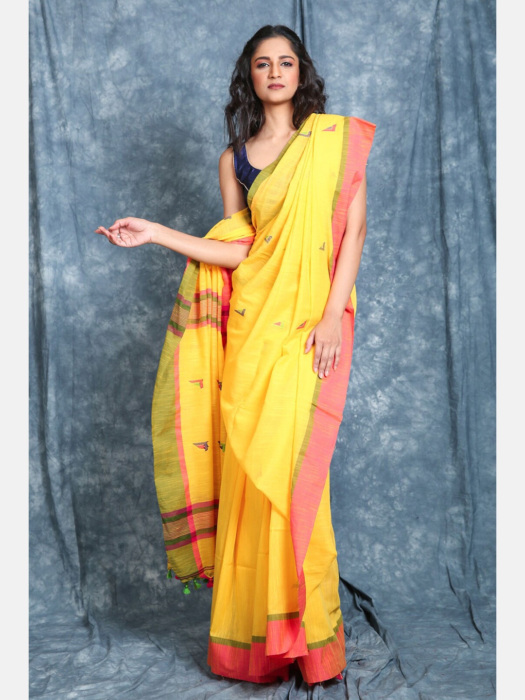 

Charukriti Yellow & Pink Woven Design With Buti & Dual Border Handloom Saree