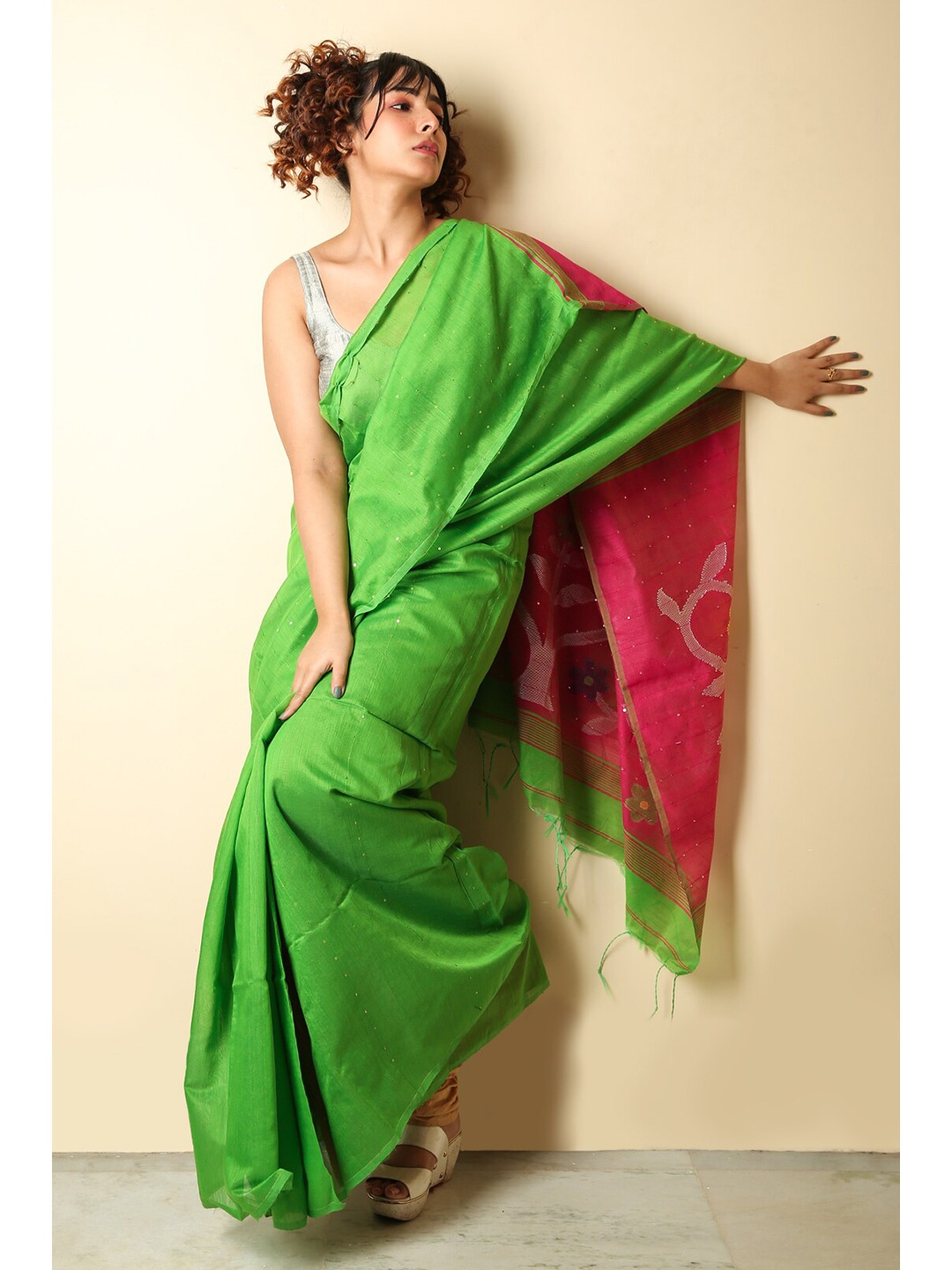 

Charukriti Green & Pink Woven Design Zari Saree