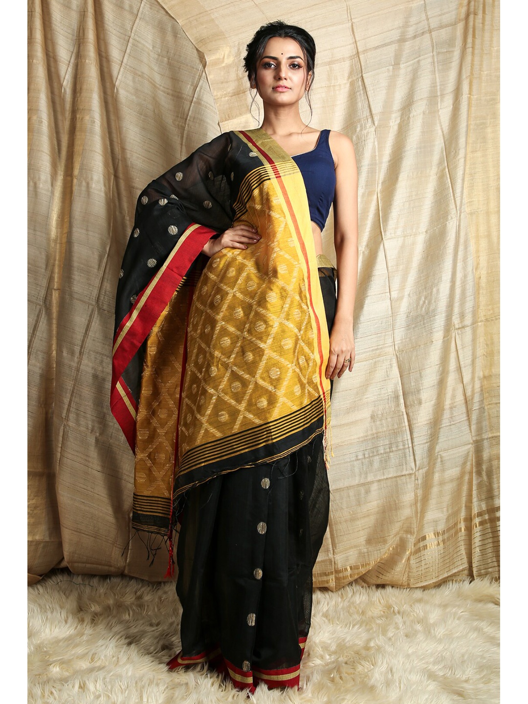 

Charukriti Black & Gold-Toned Woven Design Zari Saree