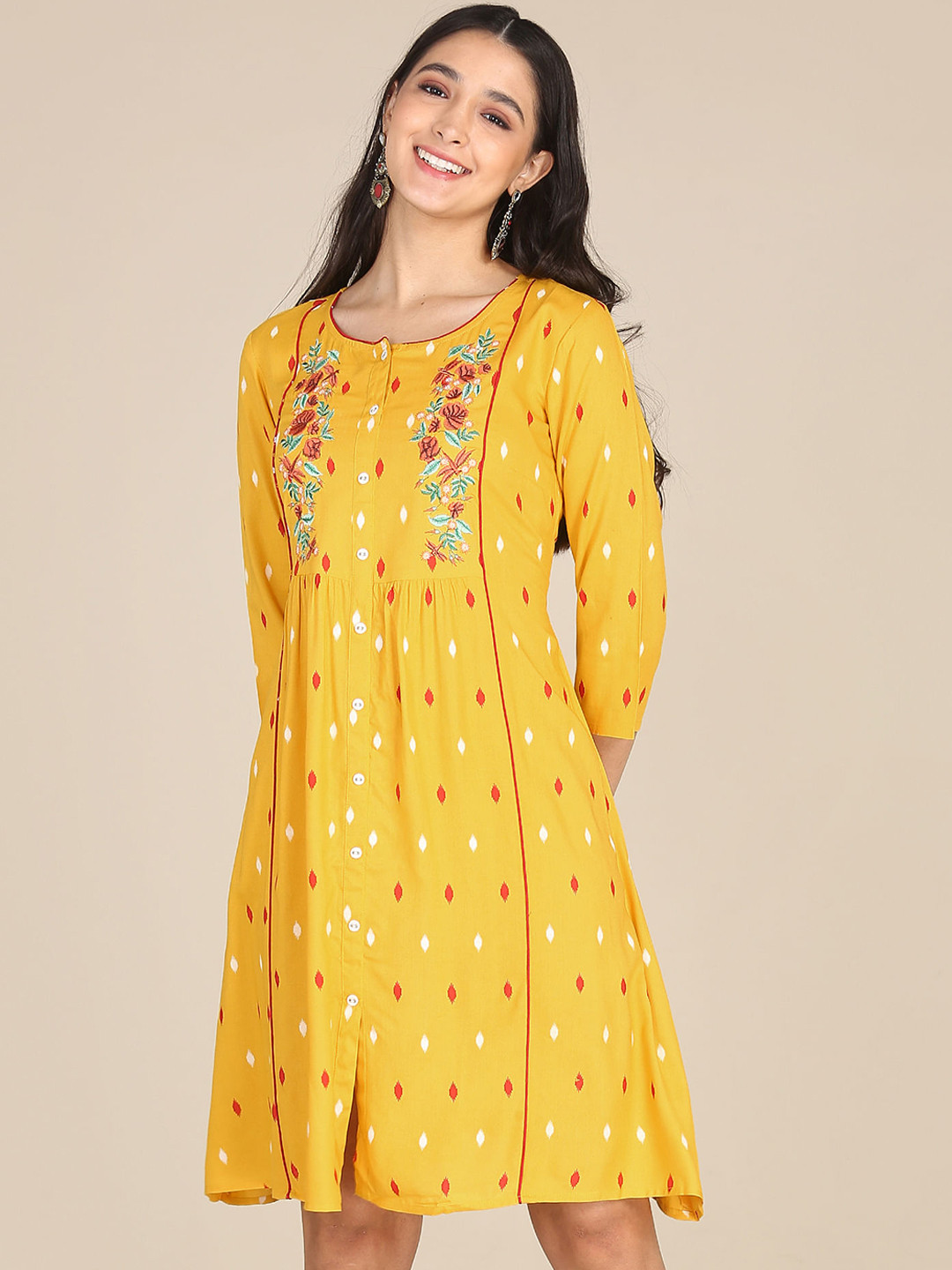 

Karigari Yellow Floral A-Line Midi Dress