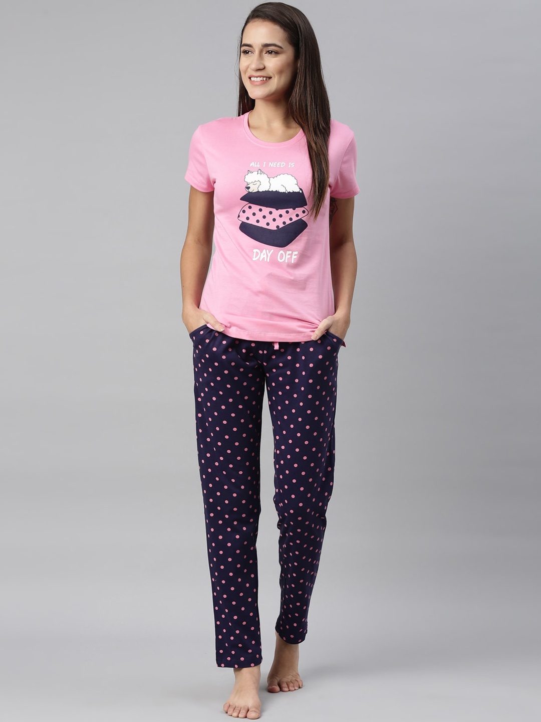 

TWIN BIRDS Women Pink & Navy Blue Printed Night suit