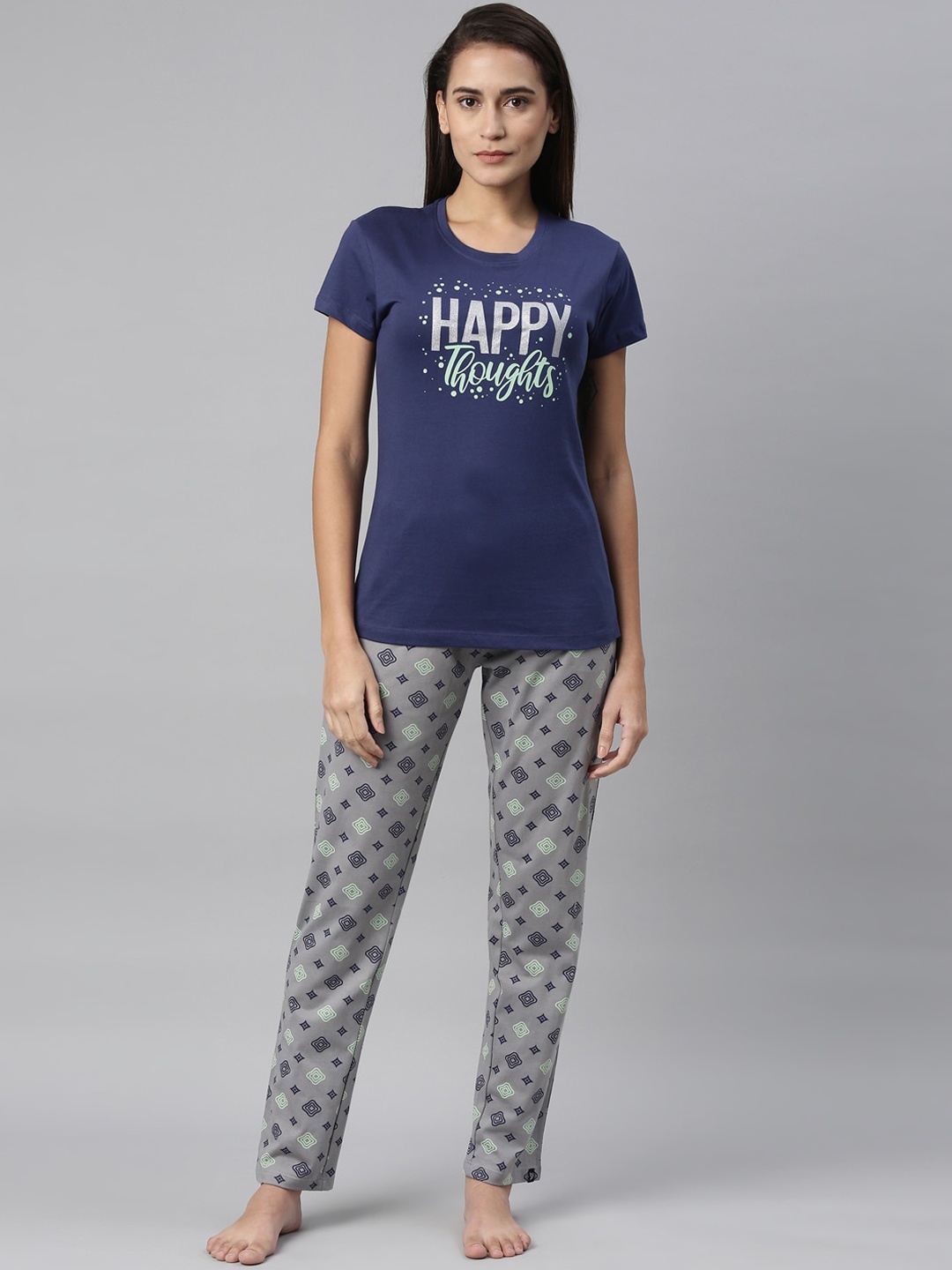 

TWIN BIRDS Women Blue & Grey Printed Pure Cotton Night Suit
