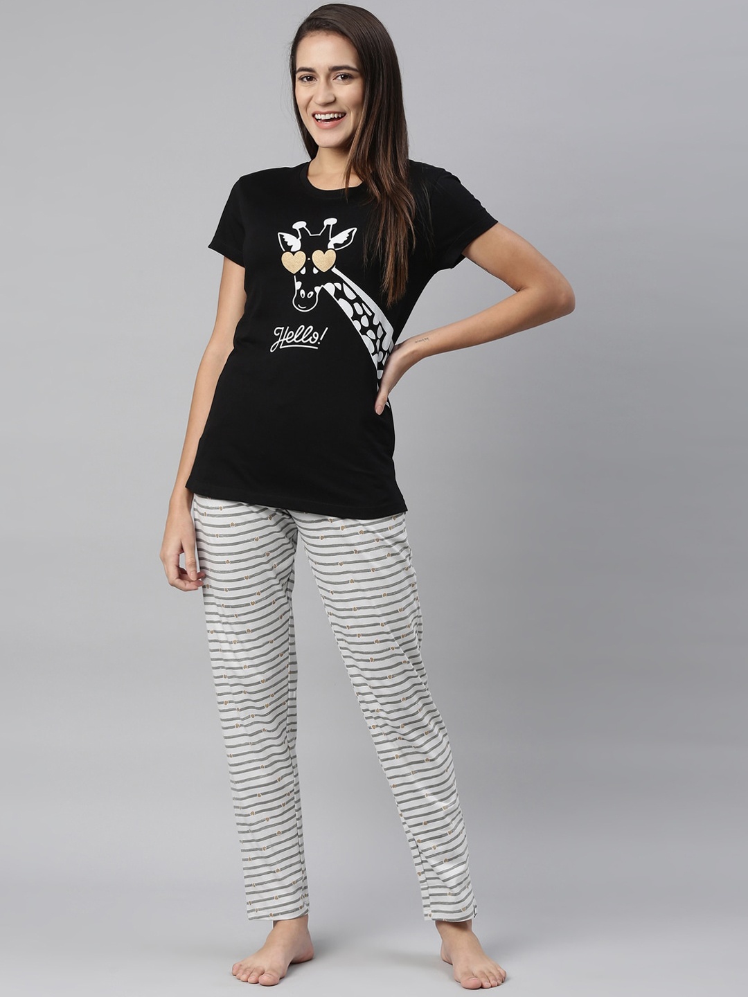 

TWIN BIRDS Women Black & Grey Pure Cotton Printed Night Suit