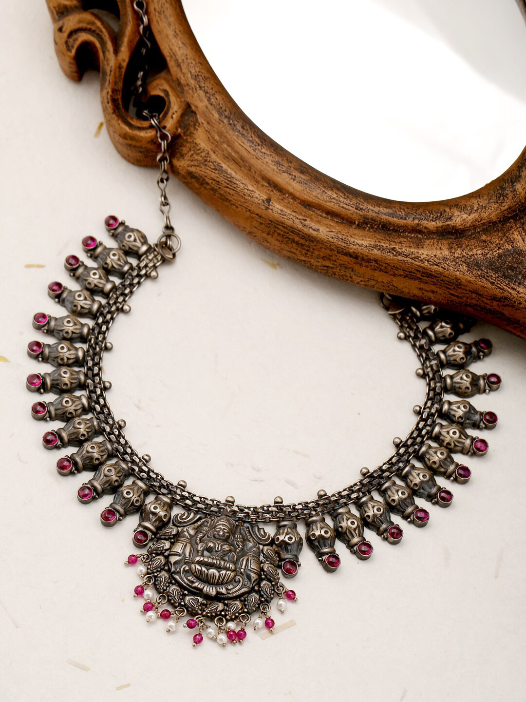 

ADORN by Nikita Ladiwala Women 92.5 Sterling Silver-Toned Oxidized Temple Design Necklace