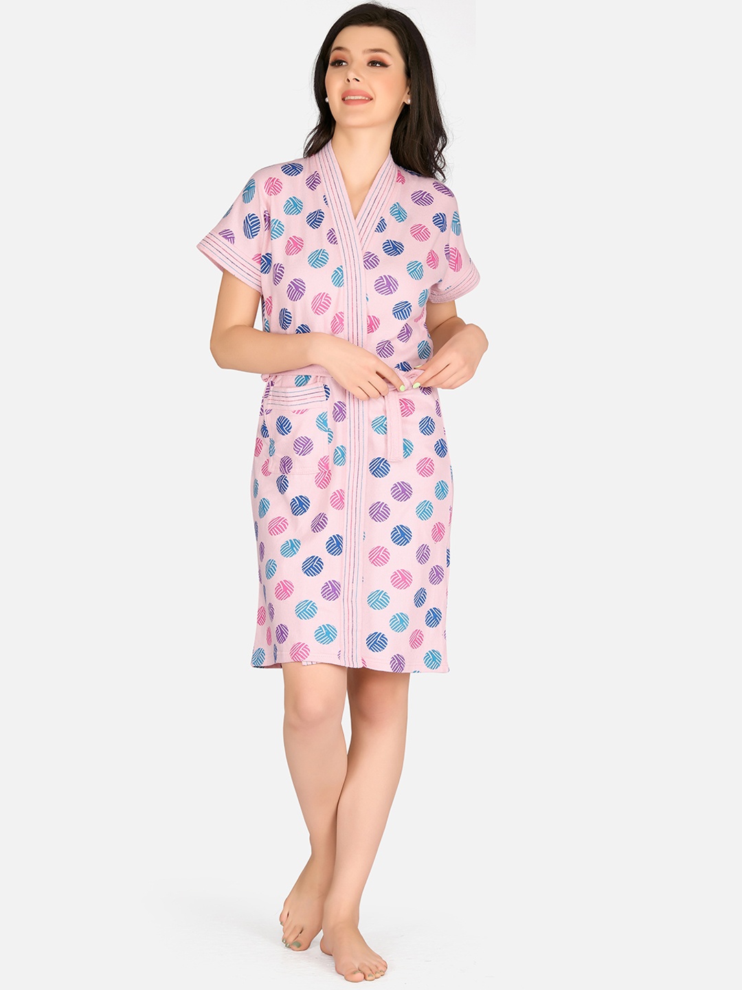 

Sand Dune Women Pink & Blue Geometric Printed Bathrobe