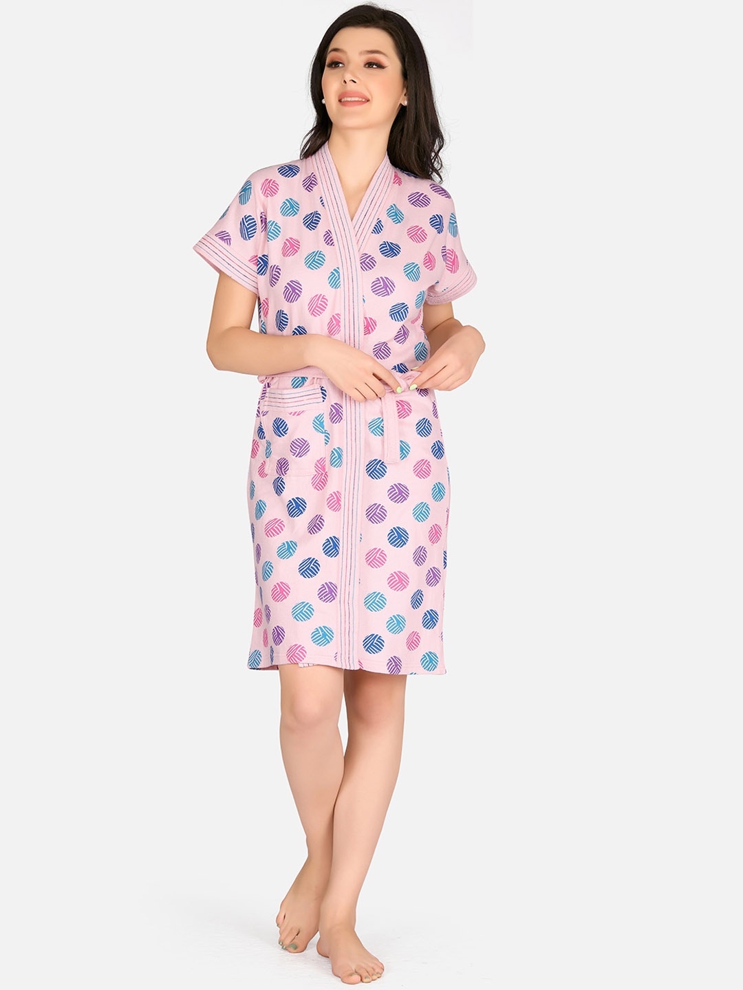 

Sand Dune Women Pink & Blue Printed Bath Robe