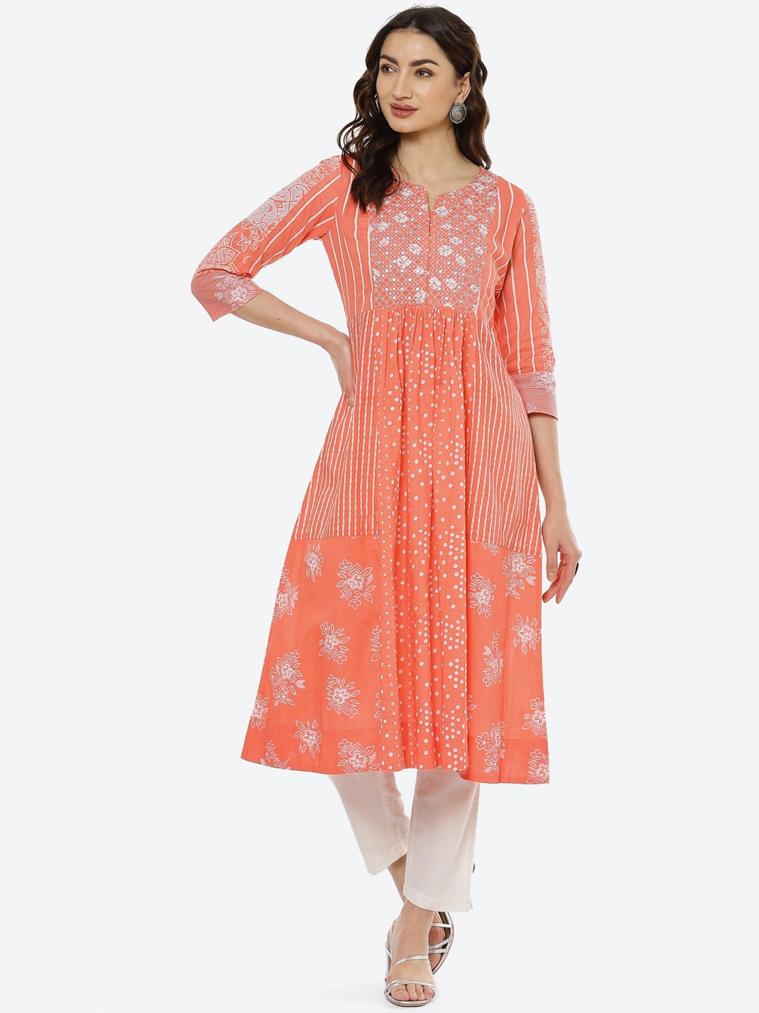 

Biba Women Coral Ethnic Motifs Embroidered Anarkali Kurta